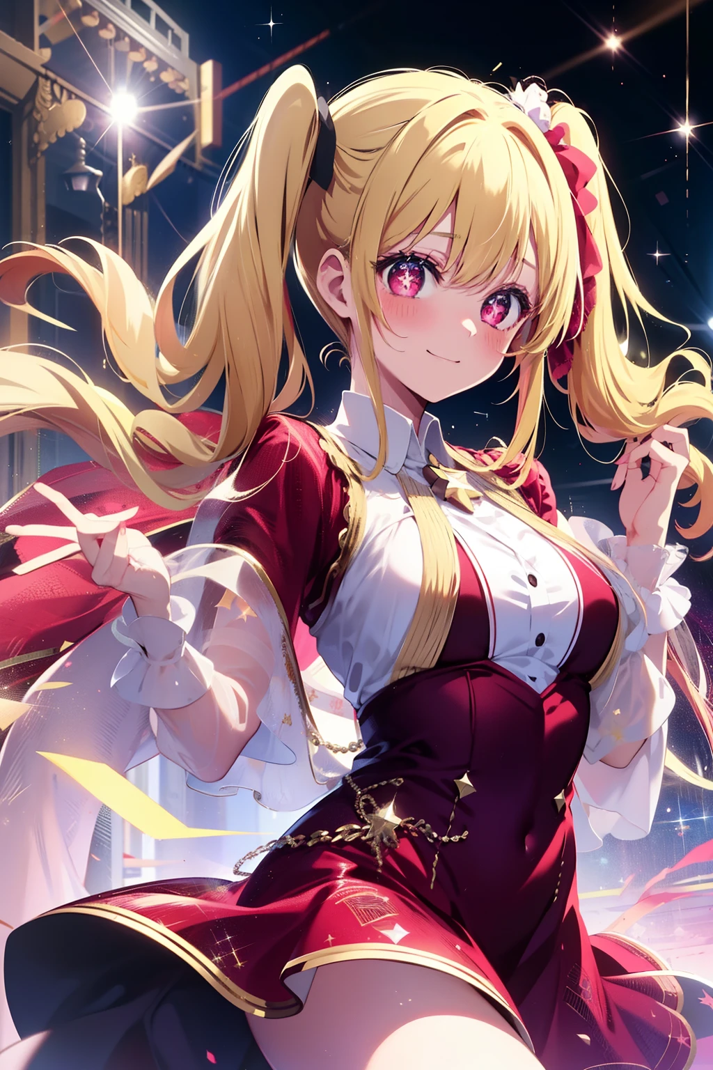 1girl, solo, Hoshino Ruby, symbol-shaped pupils, (left star-shaped pupils:1.2), sparkling eyes, (star in left eye:1.2), symbol in eye, red eyes, long hair, blonde hair, bangs, blush, (side ponytail:1.1), (dress:1.2), on the stage, idol, dancing, spotlight, smile, (masterpiece:1.2), highres, best quality, 8k, very clear,