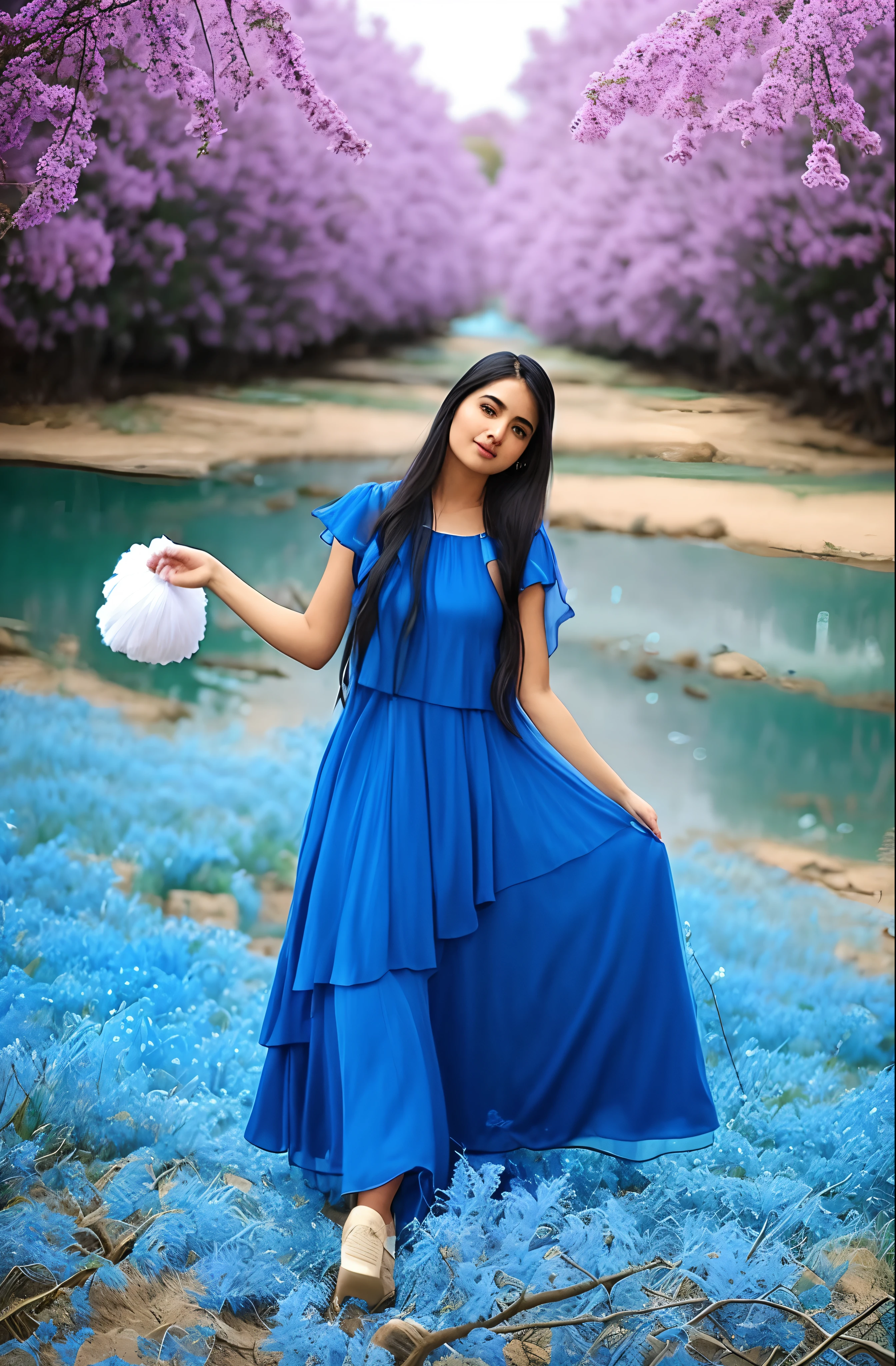 a woman in a blue dress holding a pom pom, wearing blue dress, blue colored traditional wear, long blue dress, in blue dress, wearing a blue dress, dressed in blue, long dress, blue dress, nivanh chanthara, wearing a flowing dress, with beautiful colors, wearing long gown, long dress female, flowing dress, a blue dress
