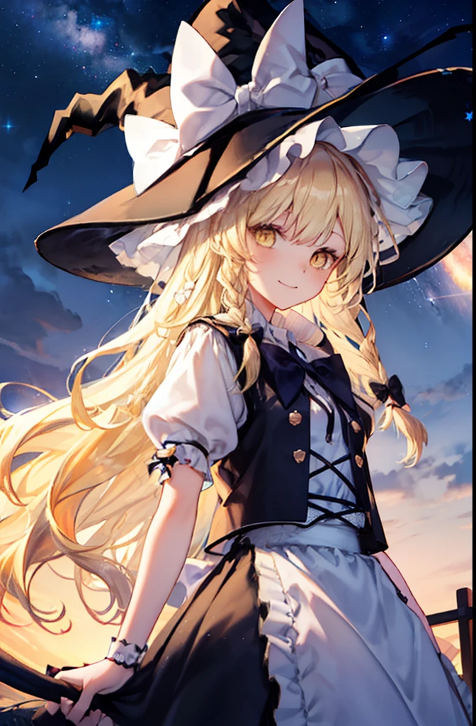 blonde_hair, long_hair, hat, witch_hat, bow, yellow_eyes, braid, single_braid, hat_bow, smile, hair_bow, white_bow, bangs, black_headwear, (Highly detailed CG Unity 16K wallpaper:1.1),  night sky, stars,