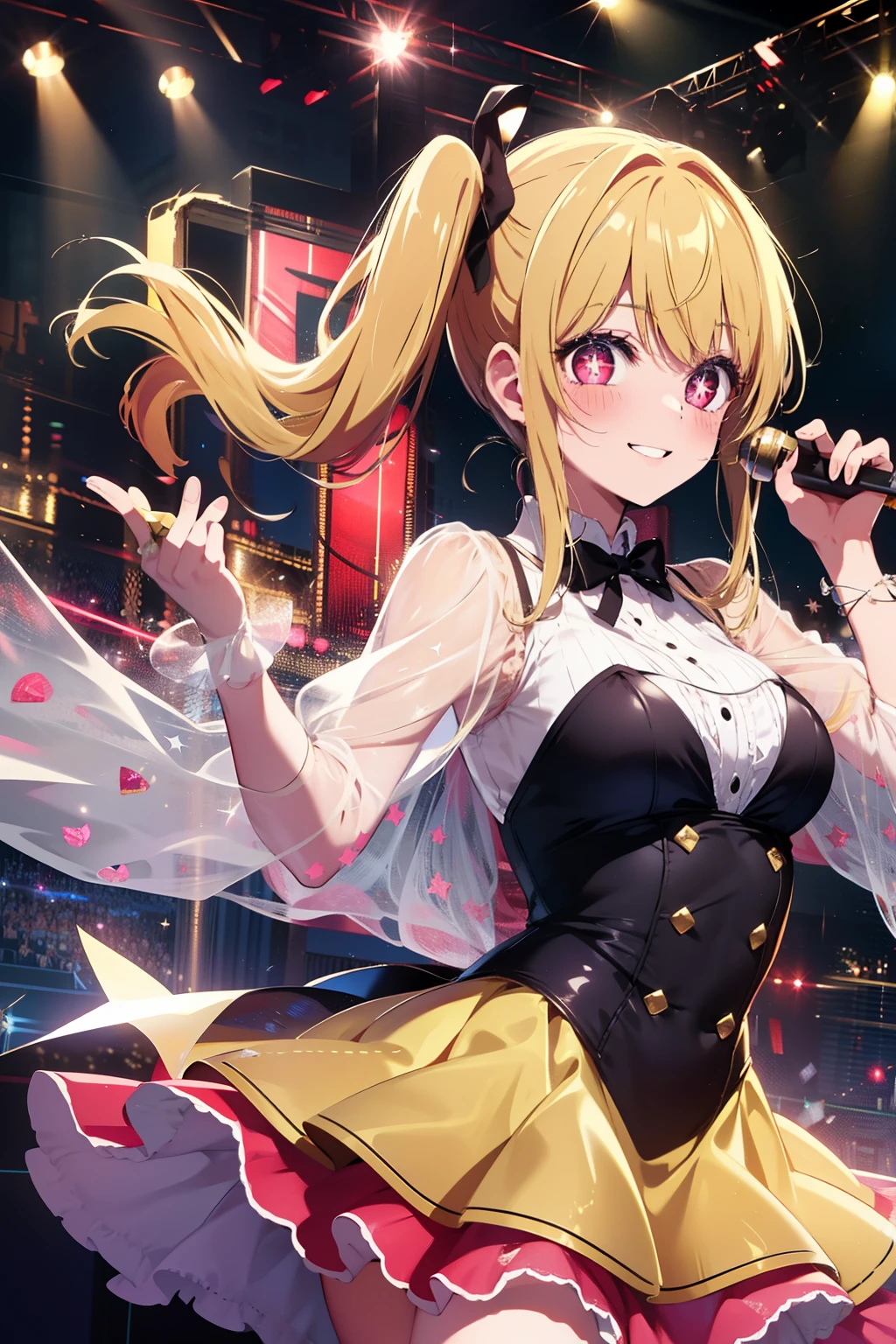 1girl, solo,  Hoshino Ruby, symbol-shaped pupils, (left star-shaped pupils:1.2), sparkling eyes, (star in left eye:1.2), symbol in eye, red eyes, long hair, blonde hair, bangs, blush, (side ponytail:1.1), (dress:1.2), on the stage, idol, dancing, spotlight, smile, (masterpiece:1.2), highres, best quality, 8k, very clear,