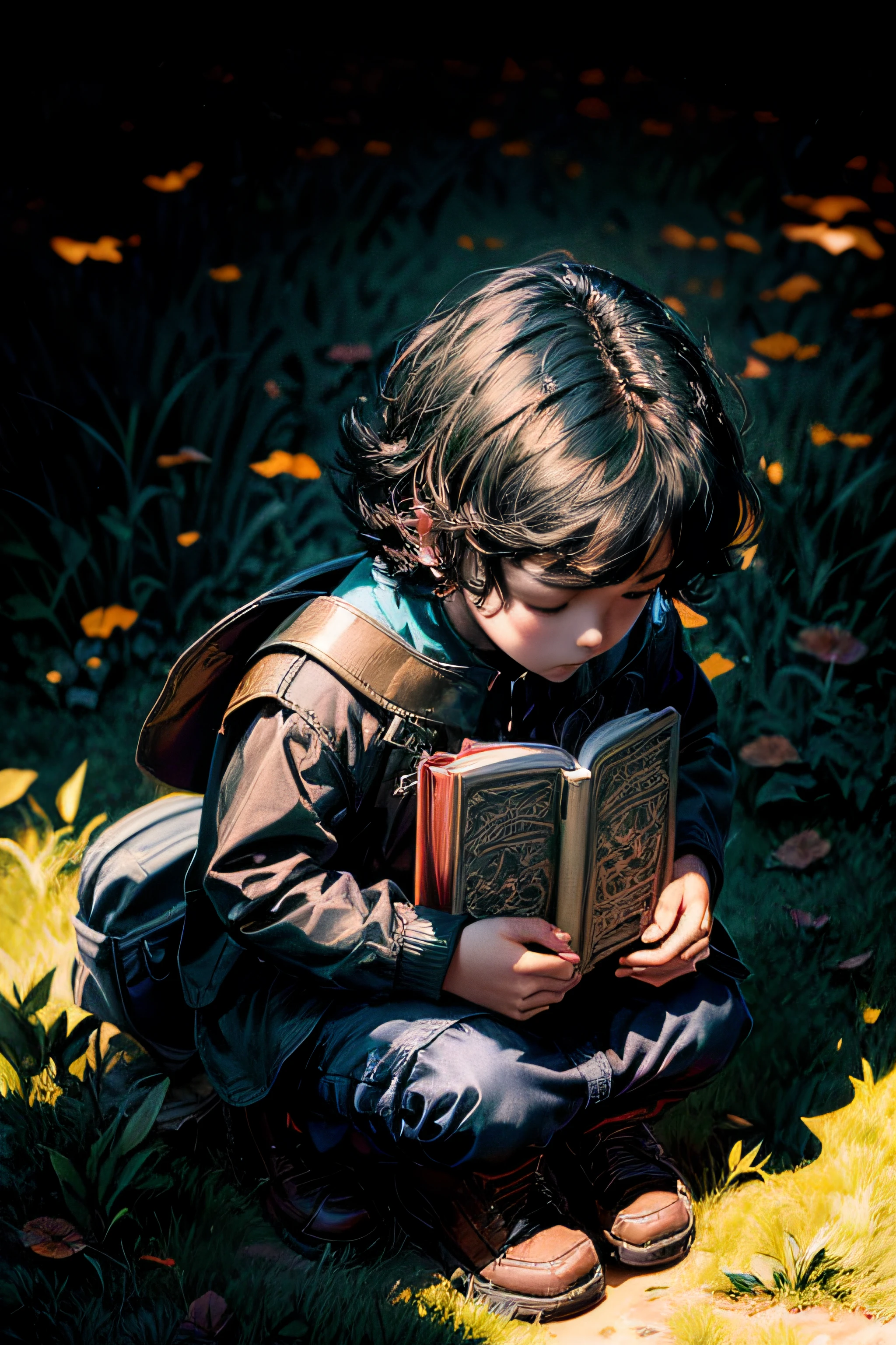 ((masterpiece)), ((detailed)), midshot, (cel-shading style:1.3), centered image, ultra detailed illustration of a young boy kneeling praying with an open Bible on the ground in a very beautiful and wonderful field, posing, (tetradic colors), (ink lines:1.1), strong outlines, art by MSchiffer, bold traces, unframed, high contrast, (cel-shaded:1.1), vector, 32k resolution, best quality, flat colors, flat lights, ((realistic)), absurdres