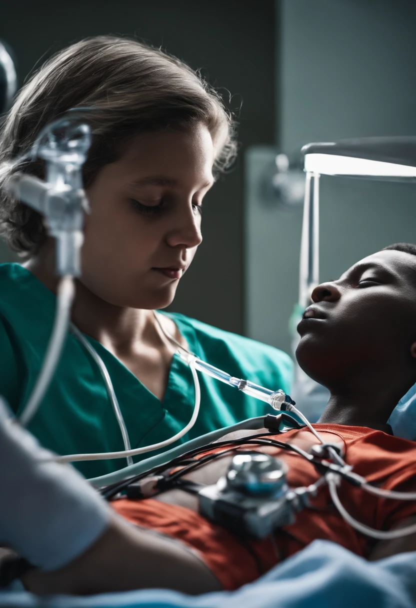 Medical photography, unconscious boy laying on hospital bed with electrodes attached to his chest, being resuscitated by doctor using defibrillator