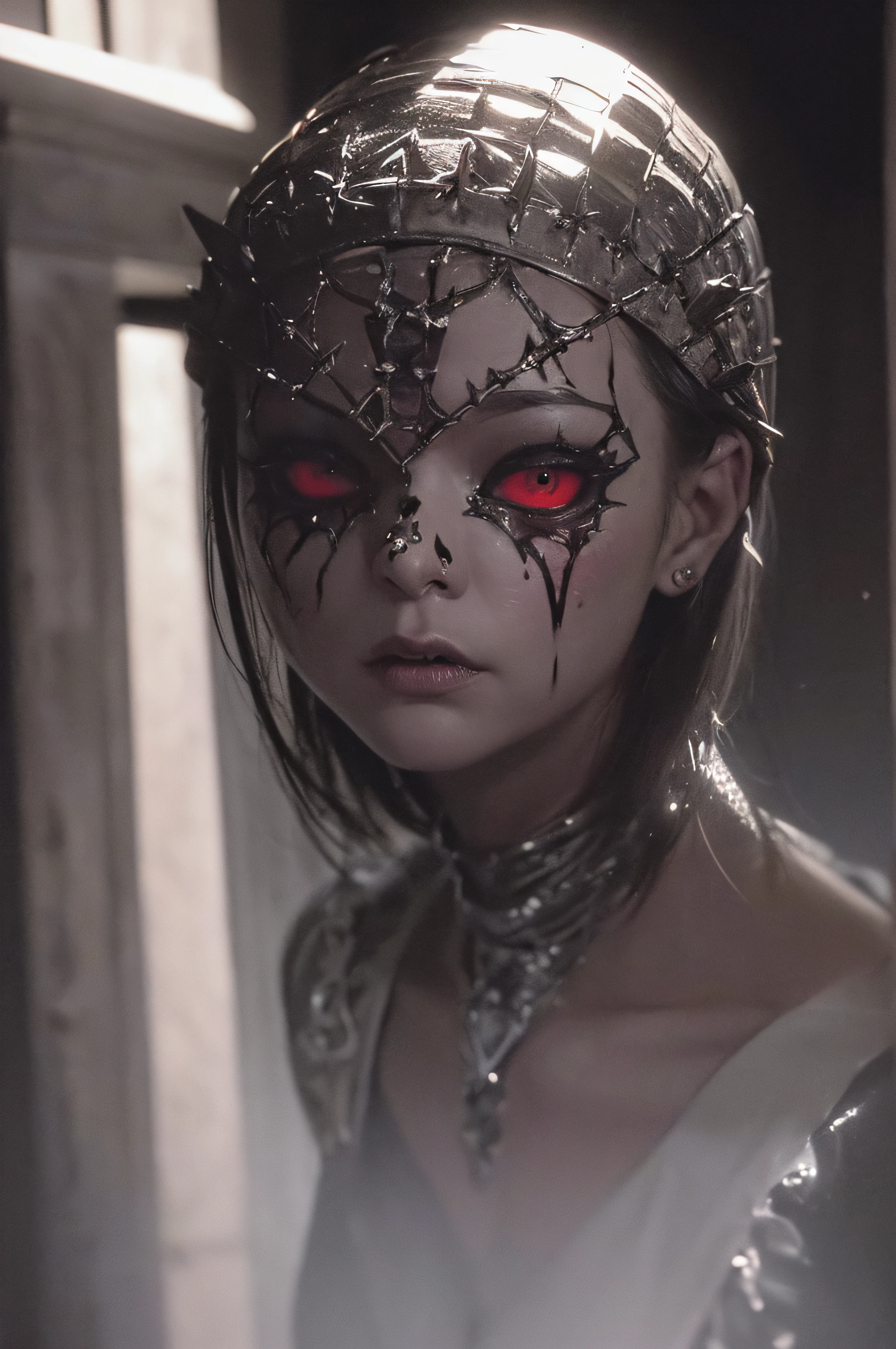 "(The best lighting, oscuro, dramatic),(feto calavera alien, Hellraiser, Cicatrices, , sexy, cerebro, sangre, una rata dentro de la cabeza, terror.),(ojos rojos, calaveras). morning light.