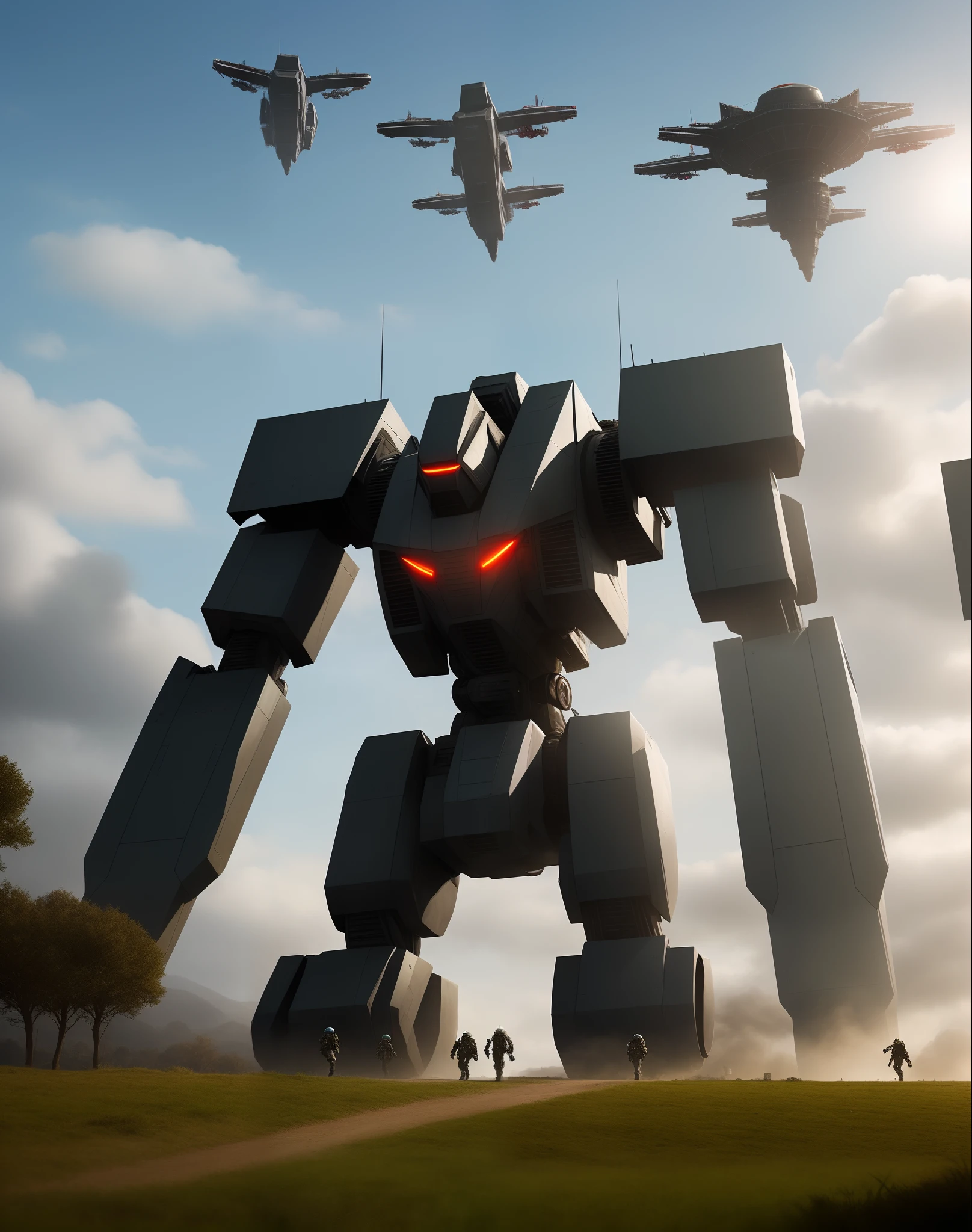 Futuristic dystopian countryside attacked by giant alien robots. Include resistance human fighters in the feilds