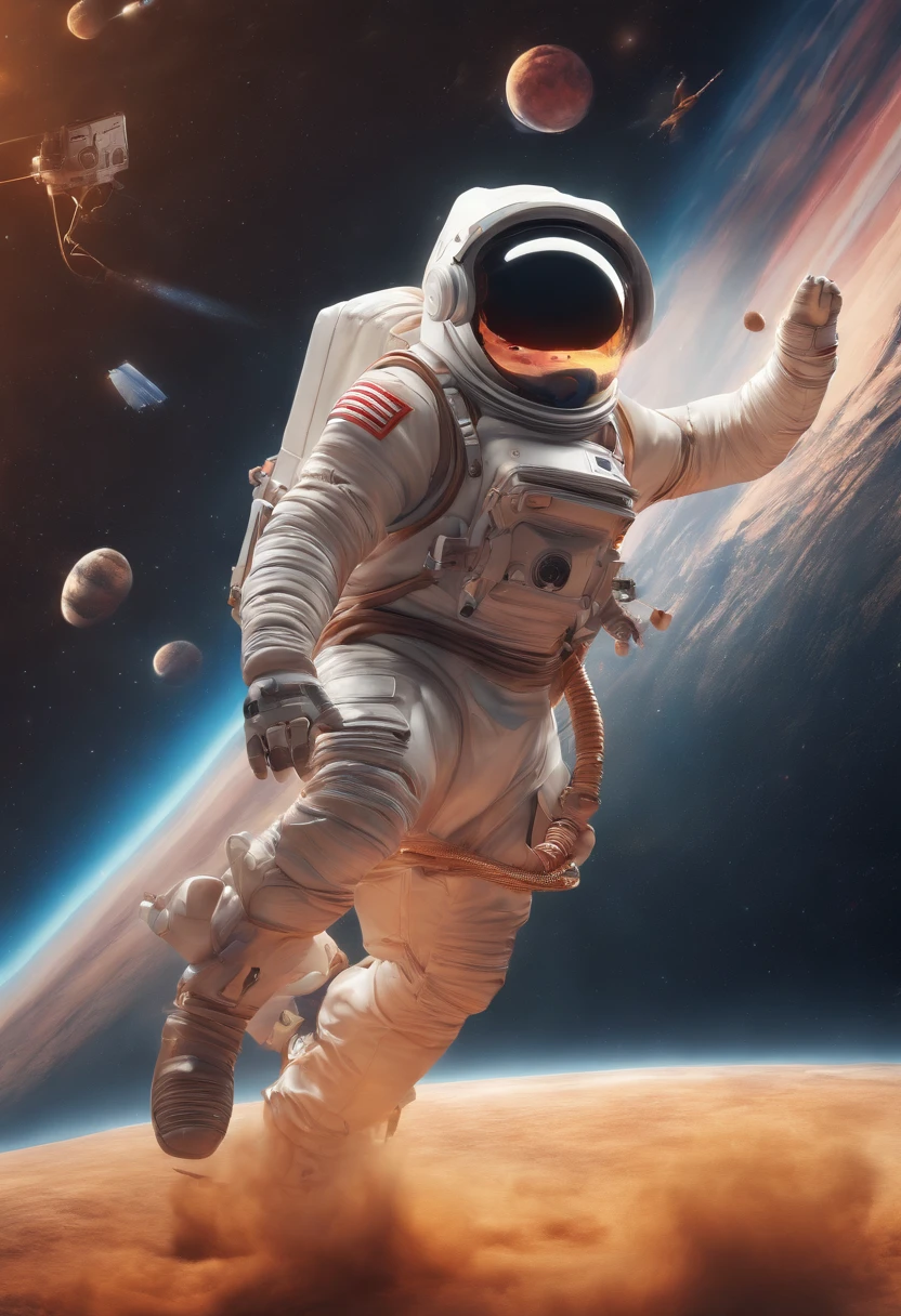 A man dressed in a horse costume riding a man dressed as an astronaut, in space