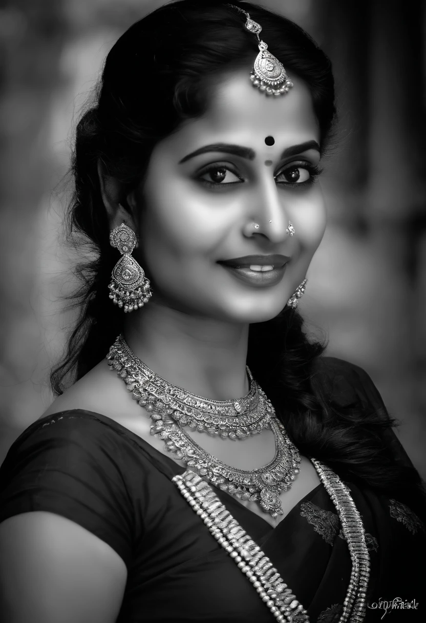 a traditional south Indian woman,32 years of age, nose ring, looking at the camera,cute,smart, realistic,8k,hyper realistic,full photo,camera facing with smile,full photo,full body,nose rings,ear rings,sexy hot,erotic looks