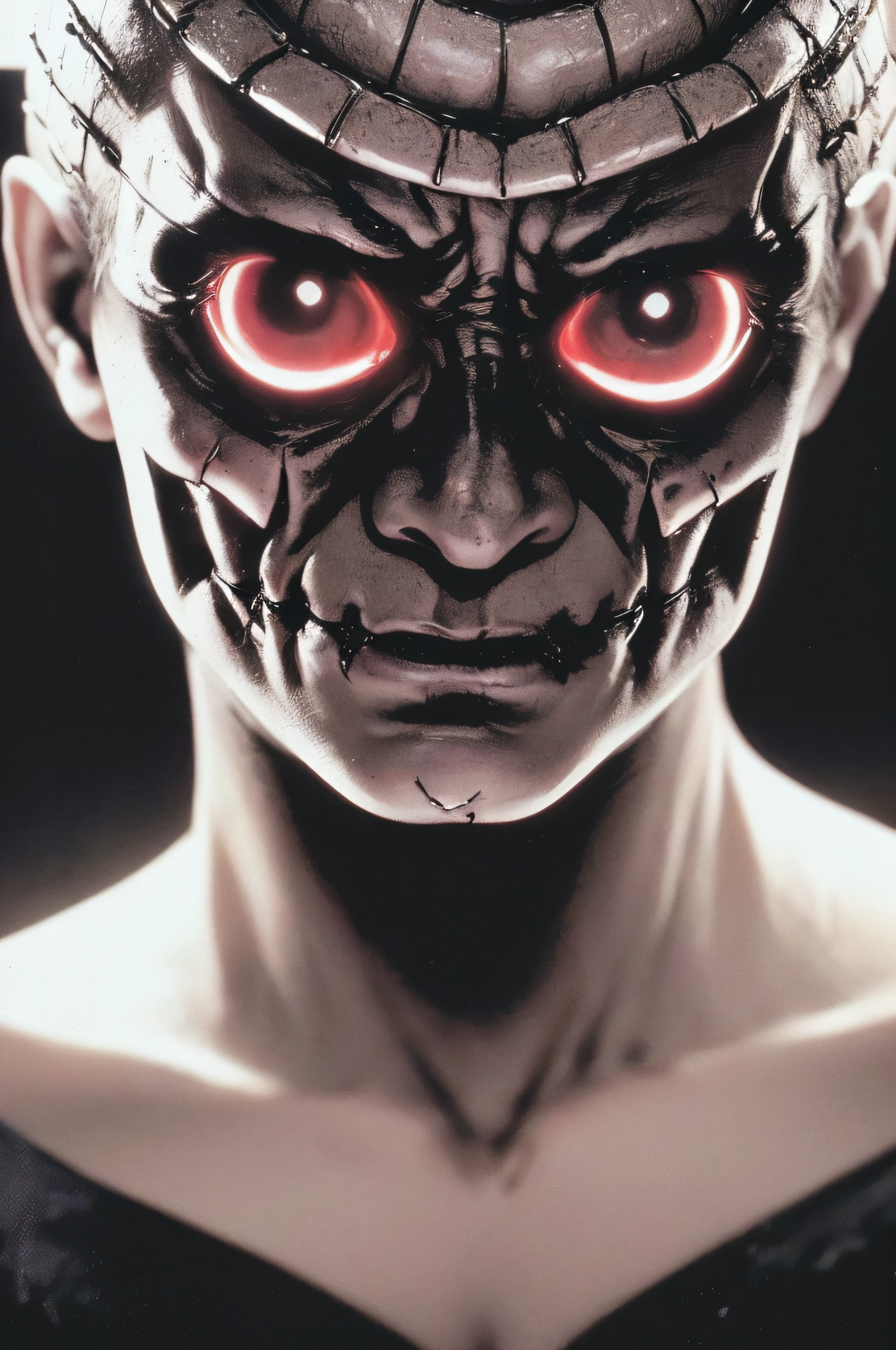 "(The best lighting, oscuro, dramatic),(feto calavera alien, Hellraiser, Cicatrices, , sexy, cerebro, sangre, una rata dentro de la cabeza, terror.),(ojos rojos, calaveras). morning light.