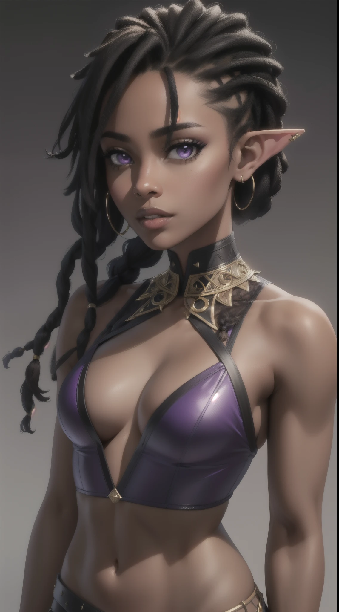 Portrait of an African-American female, with dark black dreadlocks, purple eyes, dark brown skin, pointed ears, small nose, sexy combat attire, skimpy attire, close-up shot, perfect composition, hyper-detailed, 8K, high quality, perfect eyes, trending art, trending on artstation, sharp focus, studio photo, intricate details