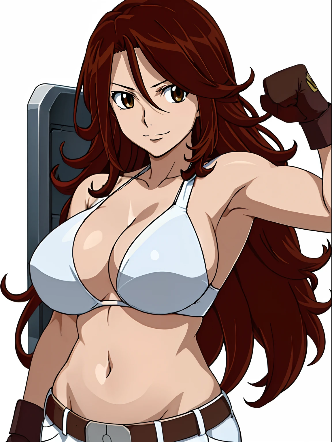 ((solo)), Best Quality, hires, curvy midsection, strong woman, female wrestler, smile, happy), upper body only, anime style: 1.8, anime drawing, ultra detailed face, ultra detailed body, 4k, Sumergai Lee Noriega, (standing), best quality, anime style, hires, highest definition, digital blending, bold drawing lines, (((White Background))), ( pro female wrestler, long attractive belly, slim body, (strong arm muscles), broad shoulders , off-shoulders, closed fists, (very curvy: 2.8)), (strapless, shorts, white gloves, arm band, arm band, (champion belt))), (pale skin, big breasts, closed mouth), (big eyes, brown eyes, shiny eyes), (reddish hair, loose hair, curly hair, wavy hair, long hair, missy hair), 27 years old