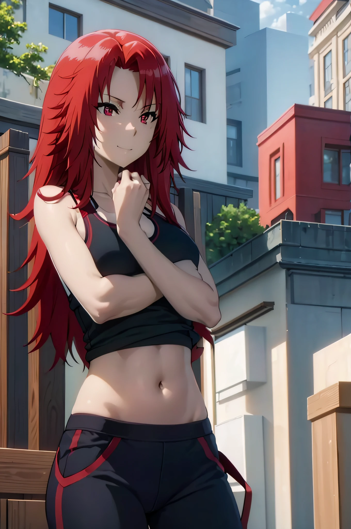 red hair,red eyes,masterpiece, best quality, photorealistic, yujiasuit, yoga sports bra, yoga pants, 1girl, solo, , yoga ball, pants, looking at viewer, smile, green sports bra, simple background, , midriff, long hair, breasts, green pants, sportswear, tank top, upper body,