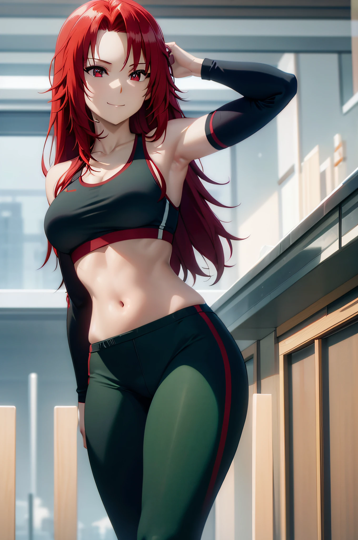 red hair,red eyes,masterpiece, best quality, photorealistic, yujiasuit, yoga sports bra, yoga pants, 1girl, solo, , yoga ball, pants, looking at viewer, smile, green sports bra, simple background, , midriff, long hair, breasts, green pants, sportswear, tank top, upper body,