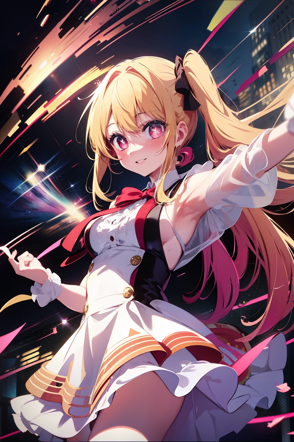 1girl, solo,  Hoshino Ruby, symbol-shaped pupils, (left star-shaped pupils:1.2), sparkling eyes, (star in left eye:1.2), symbol in eye, red eyes, long hair, blonde hair, bangs, blush, (side ponytail:1.1), (dress:1.2), on the stage, idol, dancing, spotlight, smile, (masterpiece:1.2), highres, best quality, 8k, very clear,