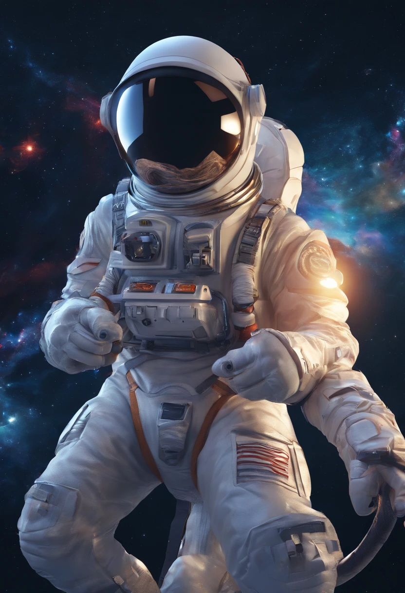 A man dressed in a horse costume riding a man dressed as an astronaut, in space