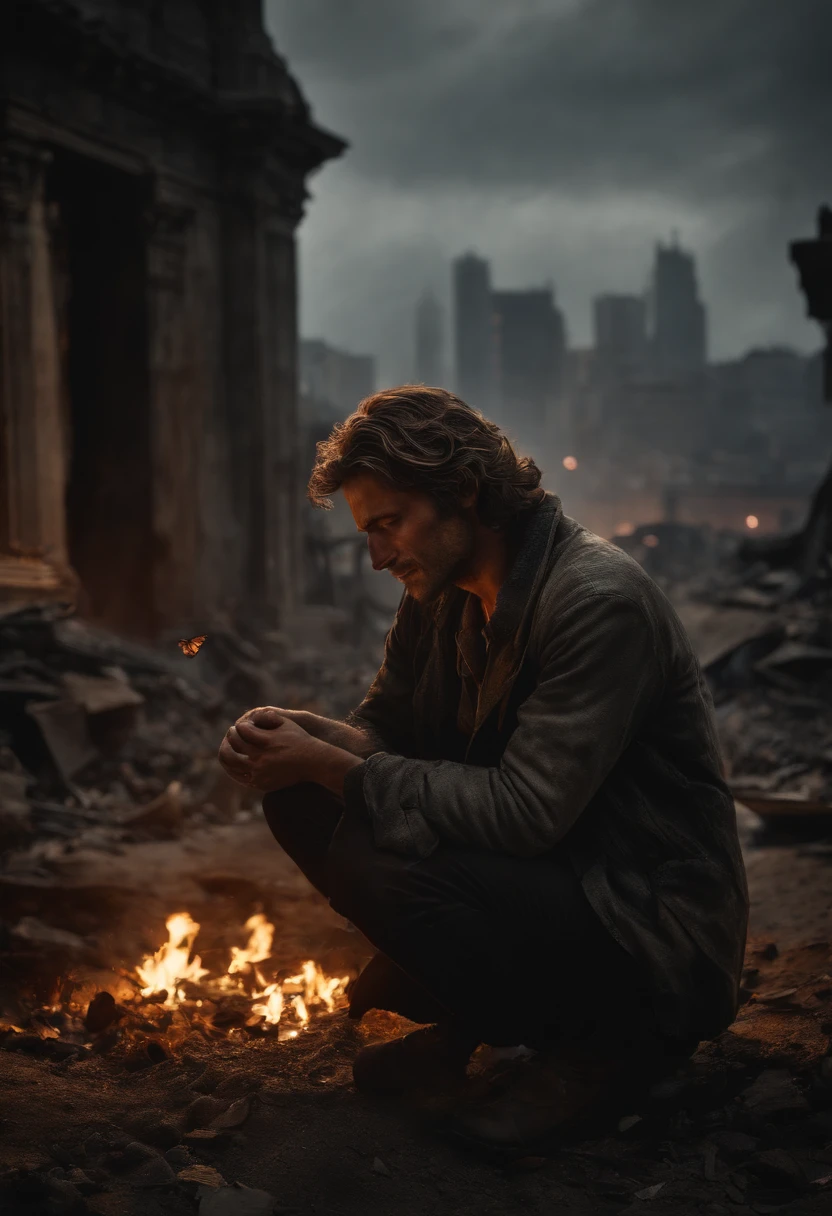 Ultra-realistic depiction of a man  sitting with sorrow, agony, ((dried tears drops)), messy and curl hair, dusty face and cloth,(( a destructed city in background, fire, ((human corpse on ground)), some people are crying, destroyed building)), a butterfly sits on her forefinger, (((she is looking at the butterfly and a little bit smile))), hyper detailed, dynamic color, black and gray shade, super emotional picture, set against a hauntingly dark backdrop and surrounded by swirling dark smoke. The image should be in a captivating 3:4 format."