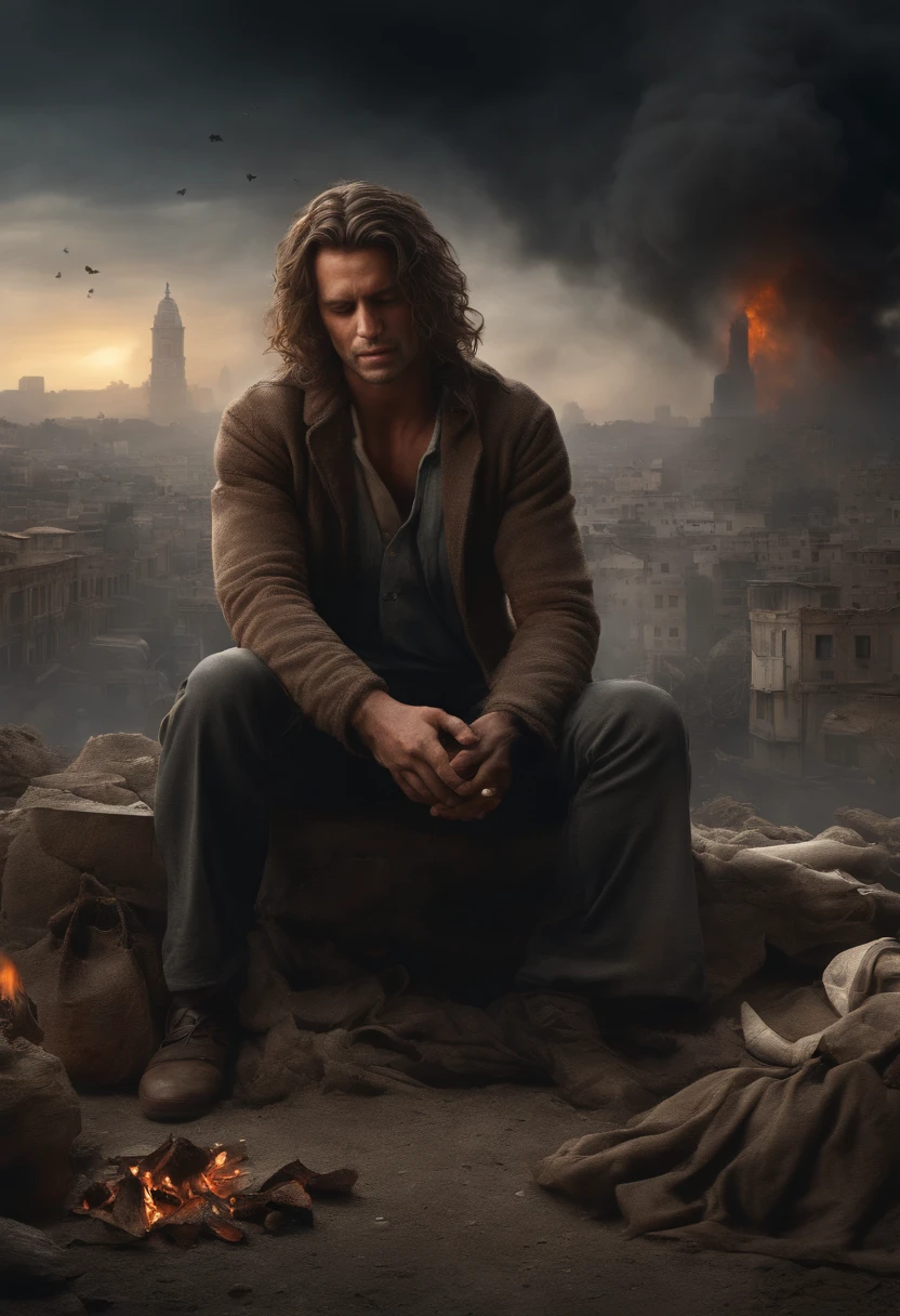 Ultra-realistic depiction of a man sitting with sorrow, agony, ((dried tears drops)), messy and curl hair, dusty face and cloth,(( a destructed city in background, fire, ((human corpse on ground)), some people are crying, destroyed building)), a butterfly sits on her forefinger, (((she is looking at the butterfly and a little bit smile))), hyper detailed, dynamic color, black and gray shade, super emotional picture, set against a hauntingly dark backdrop and surrounded by swirling dark smoke. The image should be in a captivating 3:4 format."