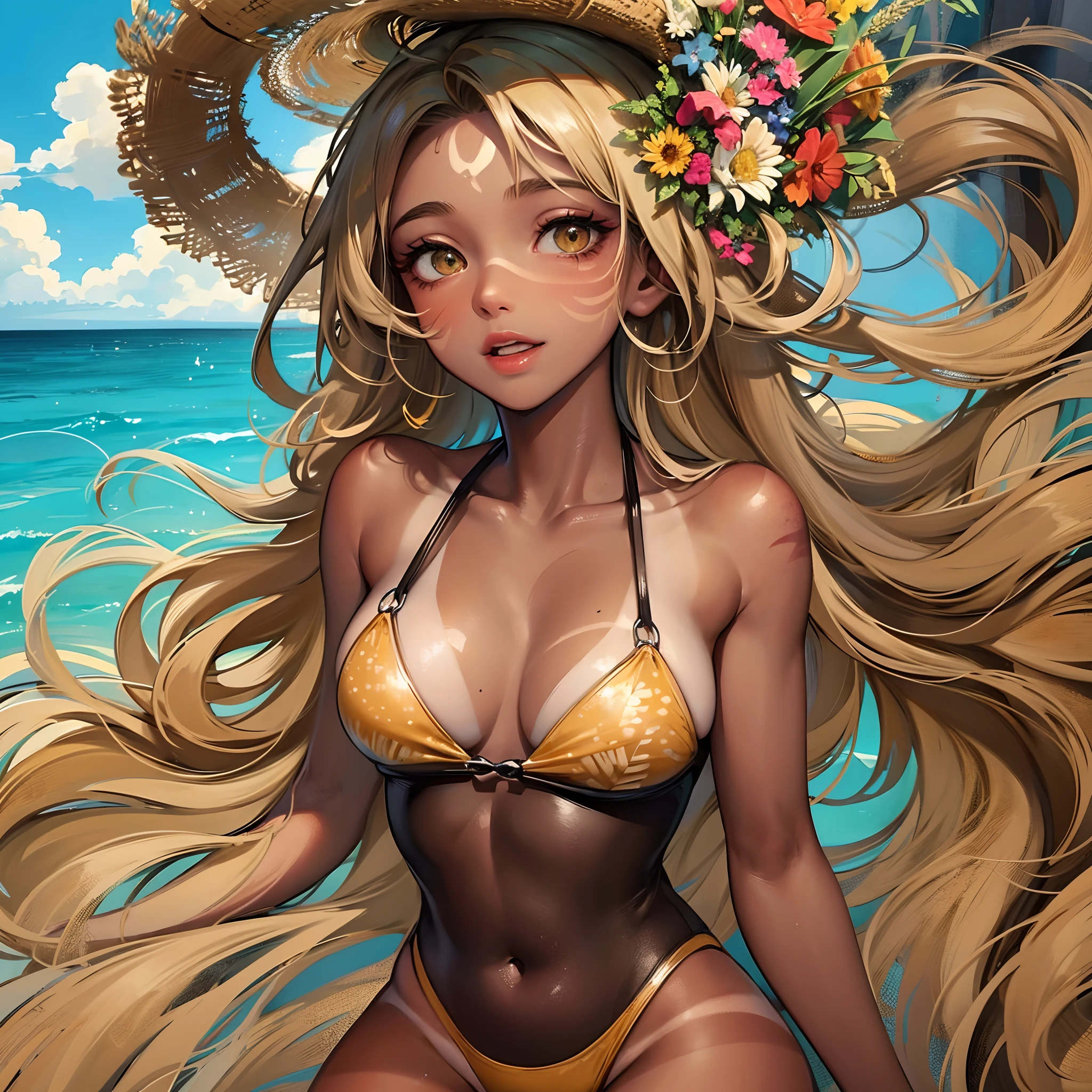 ((Finest quality)),(超A high resolution),(ultra-detailliert),(Meticulous portrayal),((Best CG)),(Finest works of art),Ultra-Precision Art,The art of astounding depiction, suns:1.5,the beach:1.5, (1人の女性:1.5),(Wheat-toned skin:1.5),(Tan marks on swimsuits:1.5),a smile,