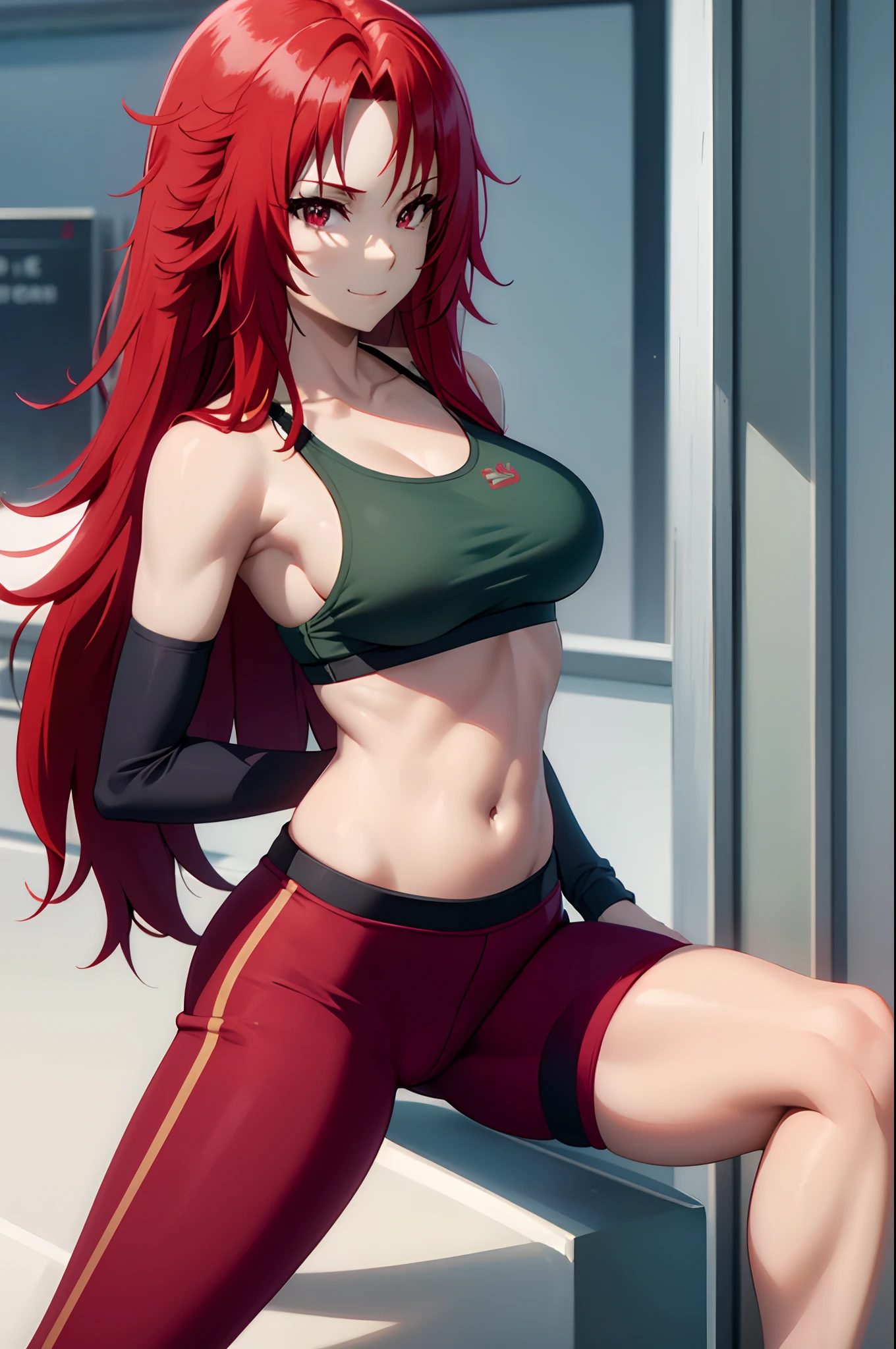 red hair,red eyes,masterpiece, best quality, photorealistic, yujiasuit, yoga sports bra, yoga pants, 1girl, solo, , yoga ball, pants, looking at viewer, smile, green sports bra, simple background, , midriff, long hair, breasts, green pants, sportswear, tank top, upper body,