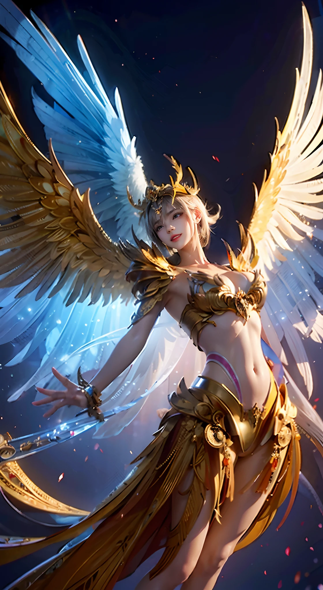 High-res,Masterpiece:1.2,Breathtaking,Ultra-detailed depiction of majesty,Mechanical Phoenix,Feathers with metal feathers,Its body is decorated with intricate gears and gears,Its wings spread，A powerful demonstration of mechanical capabilities,Shine perfectly,It seems to have been made by master craftsmen,Shines with otherworldly rainbow colors,The golden hue of its body contrasts with the silver brilliance of its wings,Cast a mesmerizing glow in the surrounding darkness,A true marvel of engineering and craftsmanship,A fascinating blend of nature and machine,Embody grace and power in mythical creatures,Convey a sense of power and transcendence,When it soars on the canvas,With its sheer beauty and complexity evokes feelings of awe and admiration.