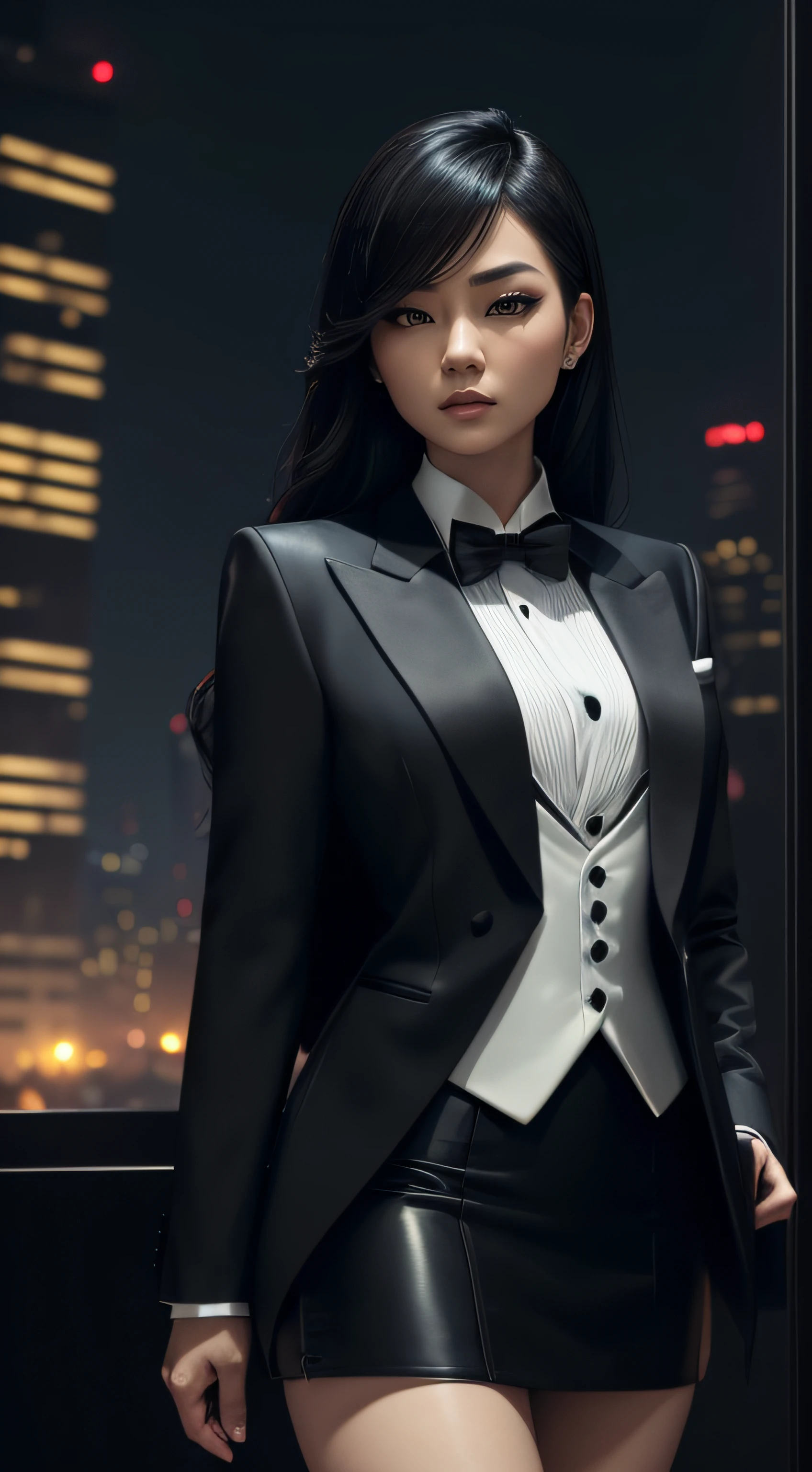 (A beautiful 25 years old Asian Hitwoman), (wolfcut black hair), (pale skin), (serious face), (wearing black and white formal tuxedo), skirt suit, (((tuxedo))), (((dress shirt))), (((black bowtie))), blazer, (((suit jacket))), (((waistcoat))), double-breasted waistcoat, (((bodycon miniskirt))), pencil skirt, tights, pantyhose, white gloves, (city at night background), view from front, waist up shot, dynamic pose, ambient lighting, photo realism, intricate face detail, intricate hand details, highly detailed, vibrant colors, cinematic, high definition, trending on Artstation--style raw