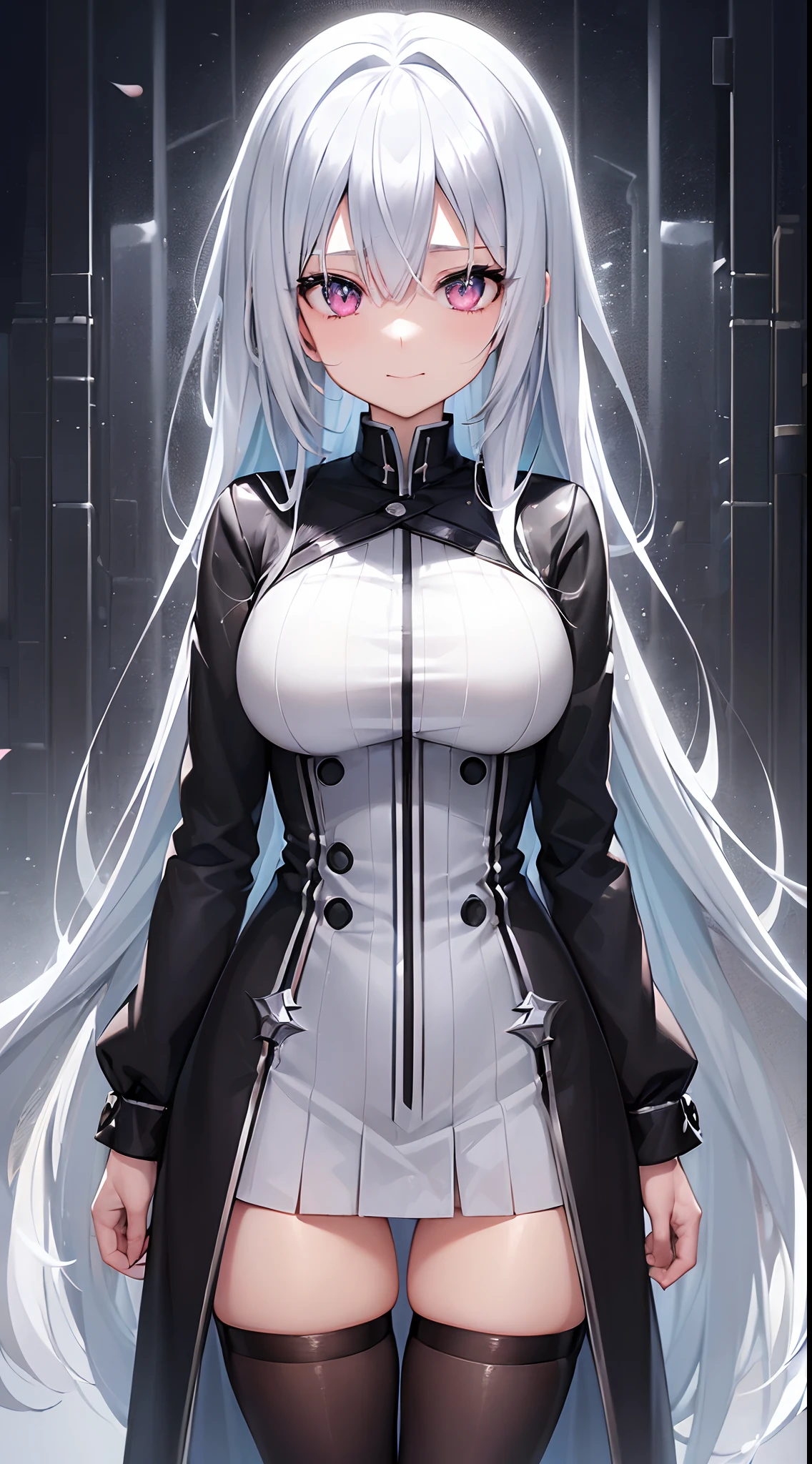 (incredible ridiculous resolution:1.6),Anime girl,Silver bright hair,Manga wallpaper,depressed eyes,(perfect body),sad smile,best quality,highly detailed anime art,sharp quality,8k quality,(wearing black school uniform),high detail background with rain,thighs,white skin,beautiful body,1girl,lonely,looking at the viewer,clean face,no anatomy mistakes