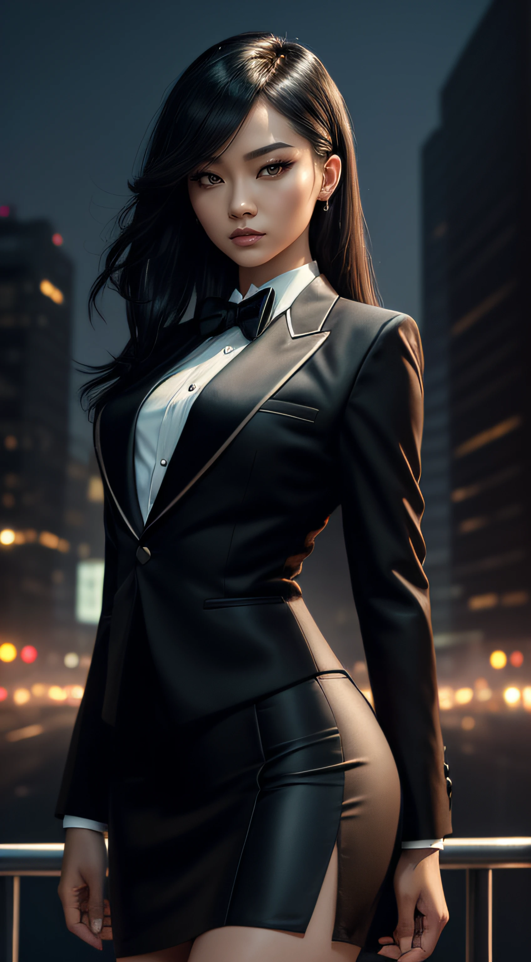 (A beautiful 25 years old Asian Hitwoman), (wolfcut black hair), (pale skin), (serious face), (wearing black and white formal tuxedo), skirt suit, (((tuxedo))), (((dress shirt))), (((black bowtie))), blazer, (((suit jacket))), (((waistcoat))), double-breasted waistcoat, (((bodycon miniskirt))), pencil skirt, (city at night background), view from front, waist up shot, dynamic pose, ambient lighting, photo realism, intricate face detail, intricate hand details, highly detailed, vibrant colors, cinematic, high definition, trending on Artstation--style raw