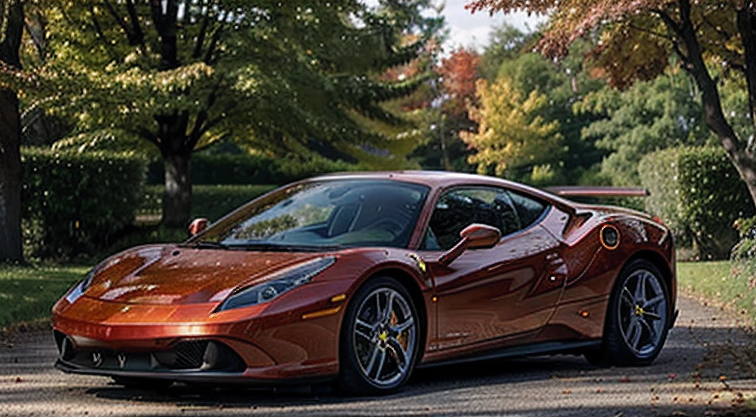 Best quality, Masterpiece, Oil painting style, Autumn scene, The enchanting glow of autumn dusk scatters the maple woodlands, Rose Cloud, Maple leaves on the ground, A Ferrari electric car is parked next to a tree,A beautiful scenery that is rare in the world