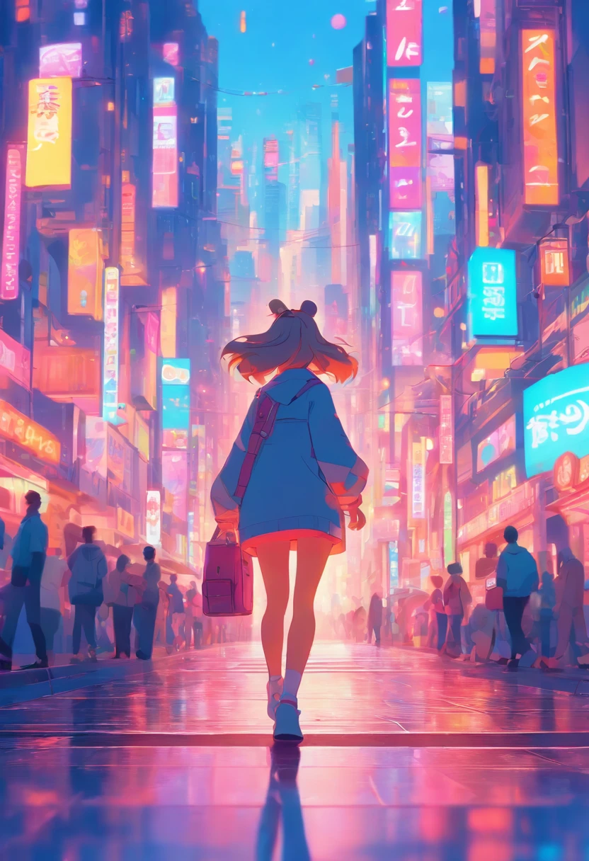 illustration of a woman walking through a city with various objects, editorial illustration pastelcolor, in style of james gilleard, illustration style, james gilleard artwork, flat illustration, in style of digital illustration, magazine illustrations, editorial illustration, digital illustration -, #illustration, magazine illustration, inspired by James Gilleard, modern illustration, illustration | rutkowski, stylized digital illustration
