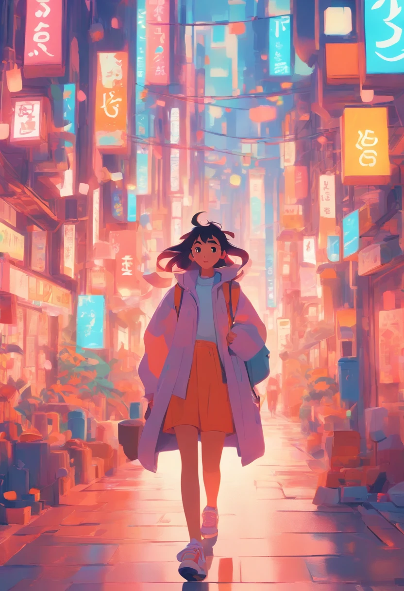 illustration of a woman walking through a city with various objects, editorial illustration pastelcolor, in style of james gilleard, illustration style, james gilleard artwork, flat illustration, in style of digital illustration, magazine illustrations, editorial illustration, digital illustration -, #illustration, magazine illustration, inspired by James Gilleard, modern illustration, illustration | rutkowski, stylized digital illustration