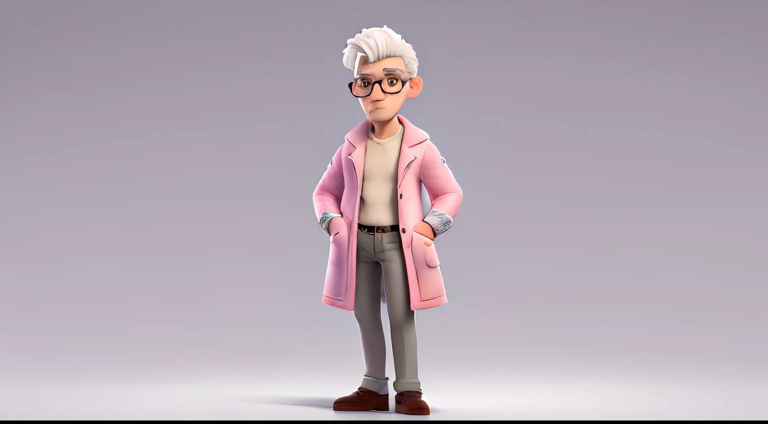 (best quality, 4k, 8k, highres, masterpiece:1.2), ultra-detailed, man, standing, shaved white hair, full body, pink coat, glasses, sharp focus, professional appearance, full body