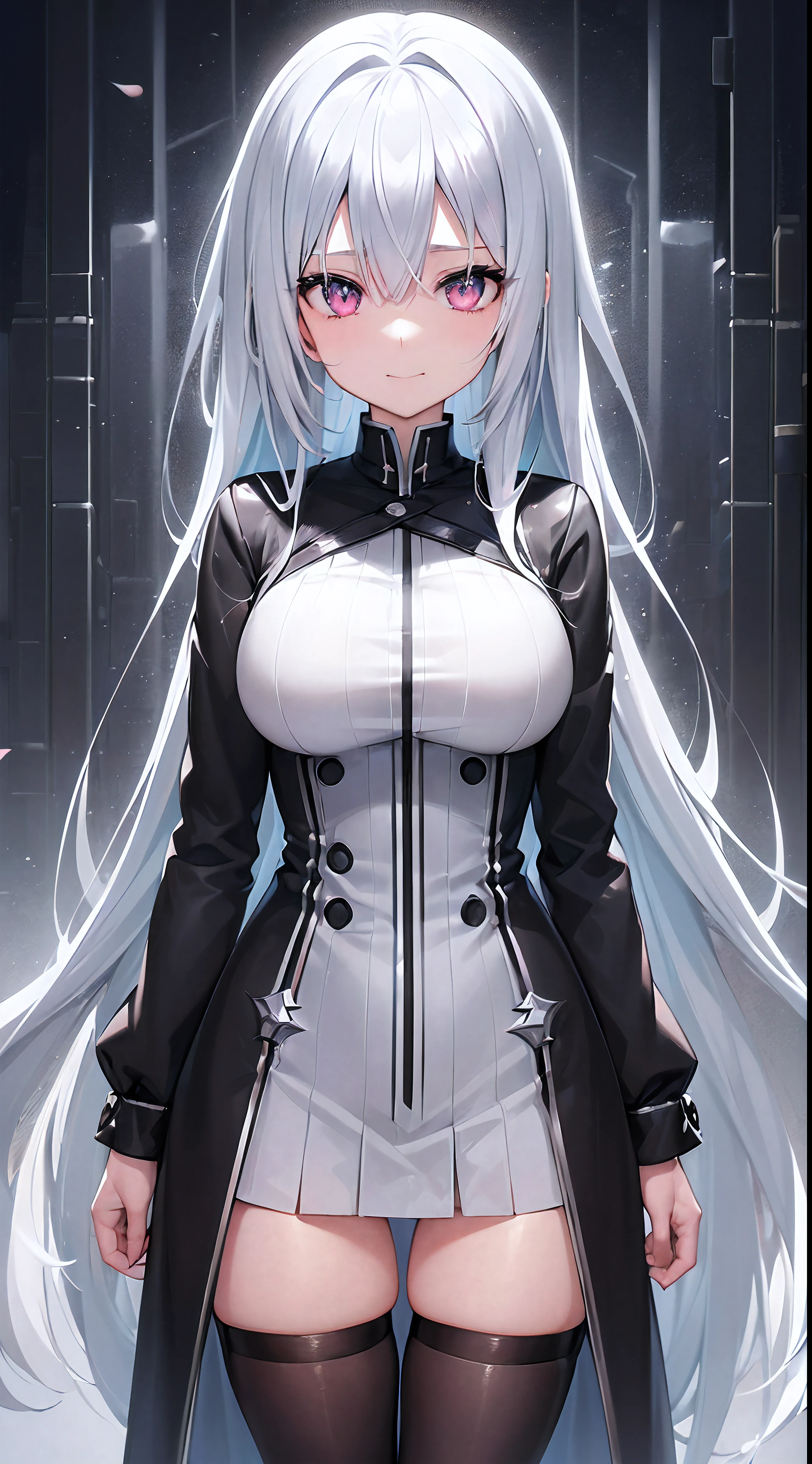 (incredible ridiculous resolution:1.6),Anime girl,Silver bright hair,Manga wallpaper,depressed eyes,(perfect body),sad smile,best quality,highly detailed anime art,sharp quality,8k quality,(wearing black school uniform),high detail background with rain,thighs,white skin,beautiful body,1girl,lonely,looking at the viewer,clean face,no anatomy mistakes
