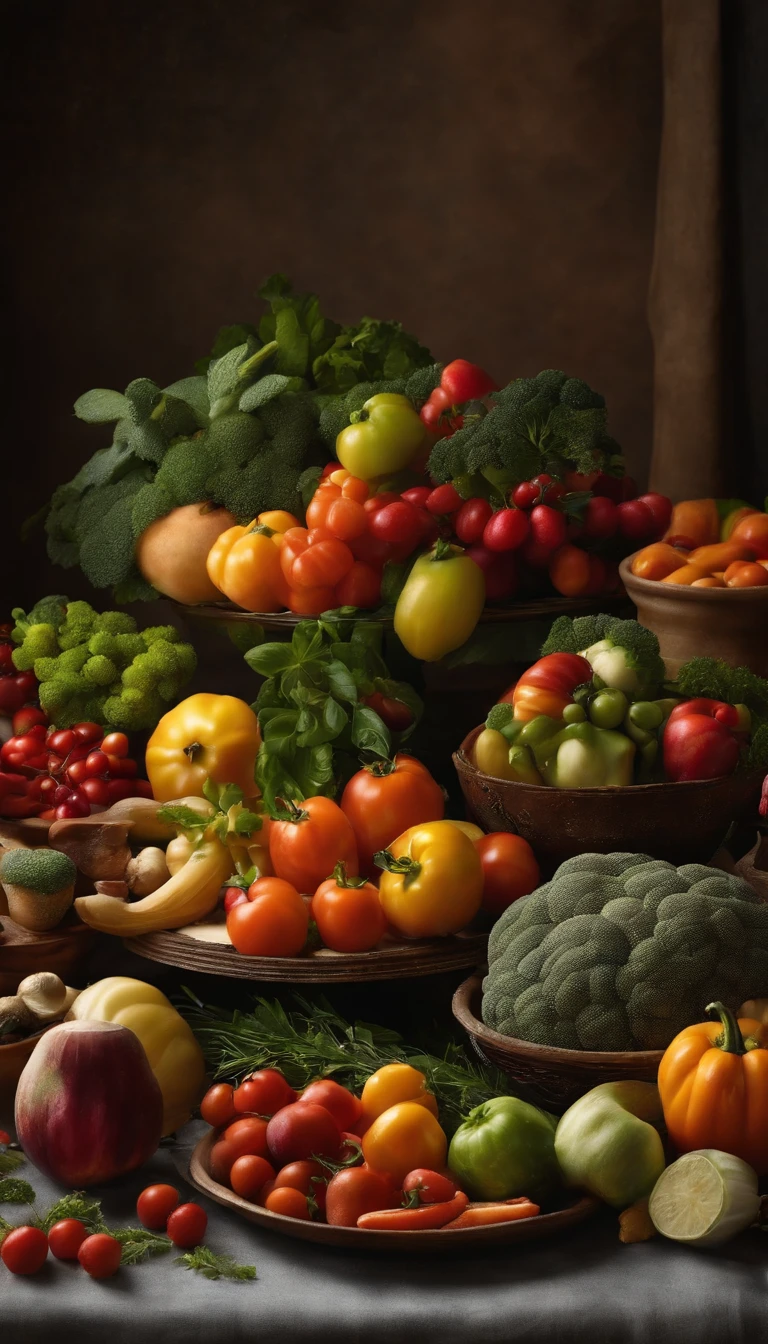 UMA IMAGEM DE UMA MESA BEM ARRUMADA COM UMA BANDEIJA CHEIA DE VEGETAIS FRESCOS BRILHANTES E APETITOSOS, OF VARIOUS COLORS