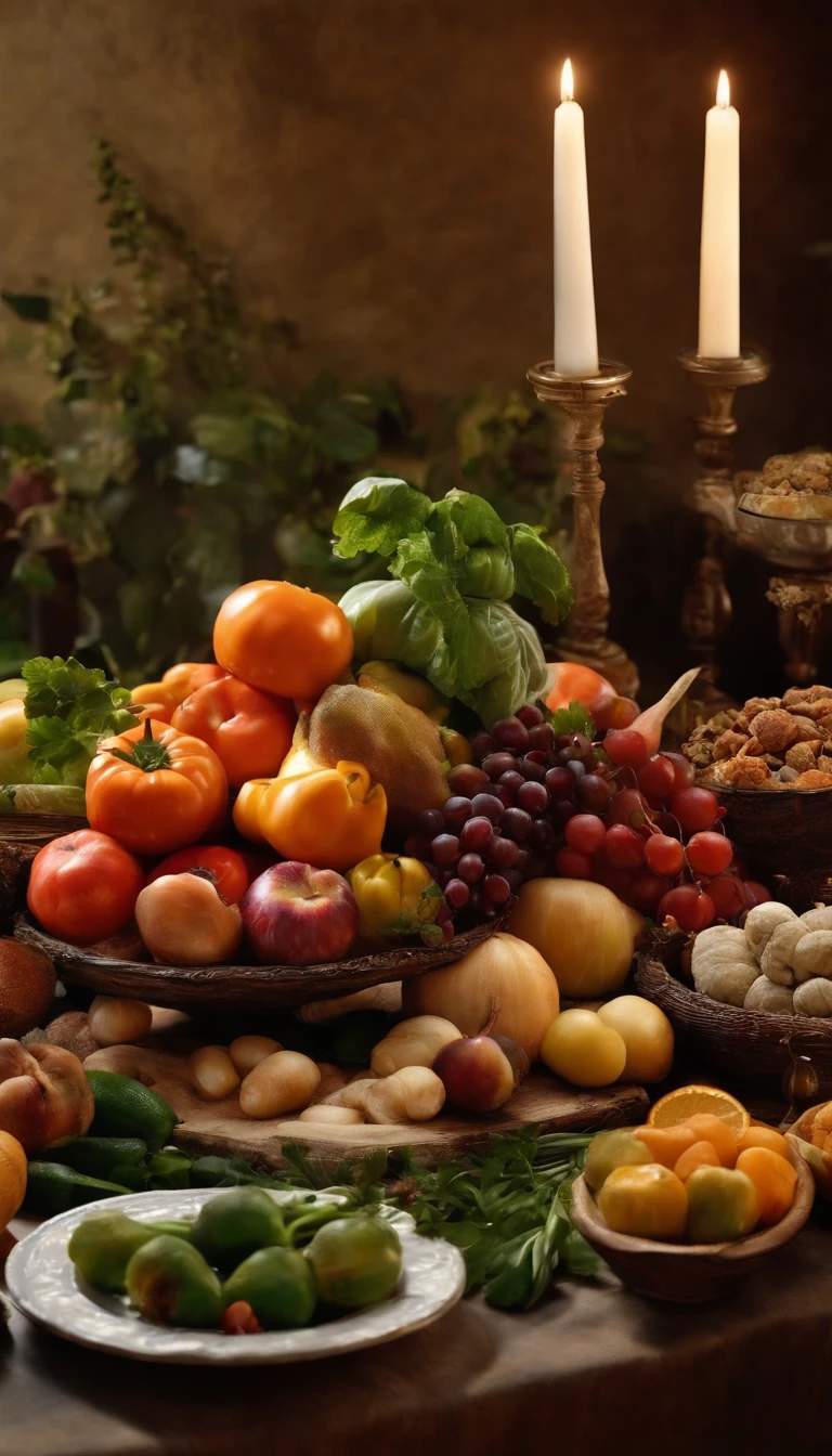 UMA IMAGEM DE UMA MESA BEM ARRUMADA COM UMA BANDEIJA CHEIA DE VEGETAIS FRESCOS BRILHANTES E APETITOSOS, OF VARIOUS COLORS