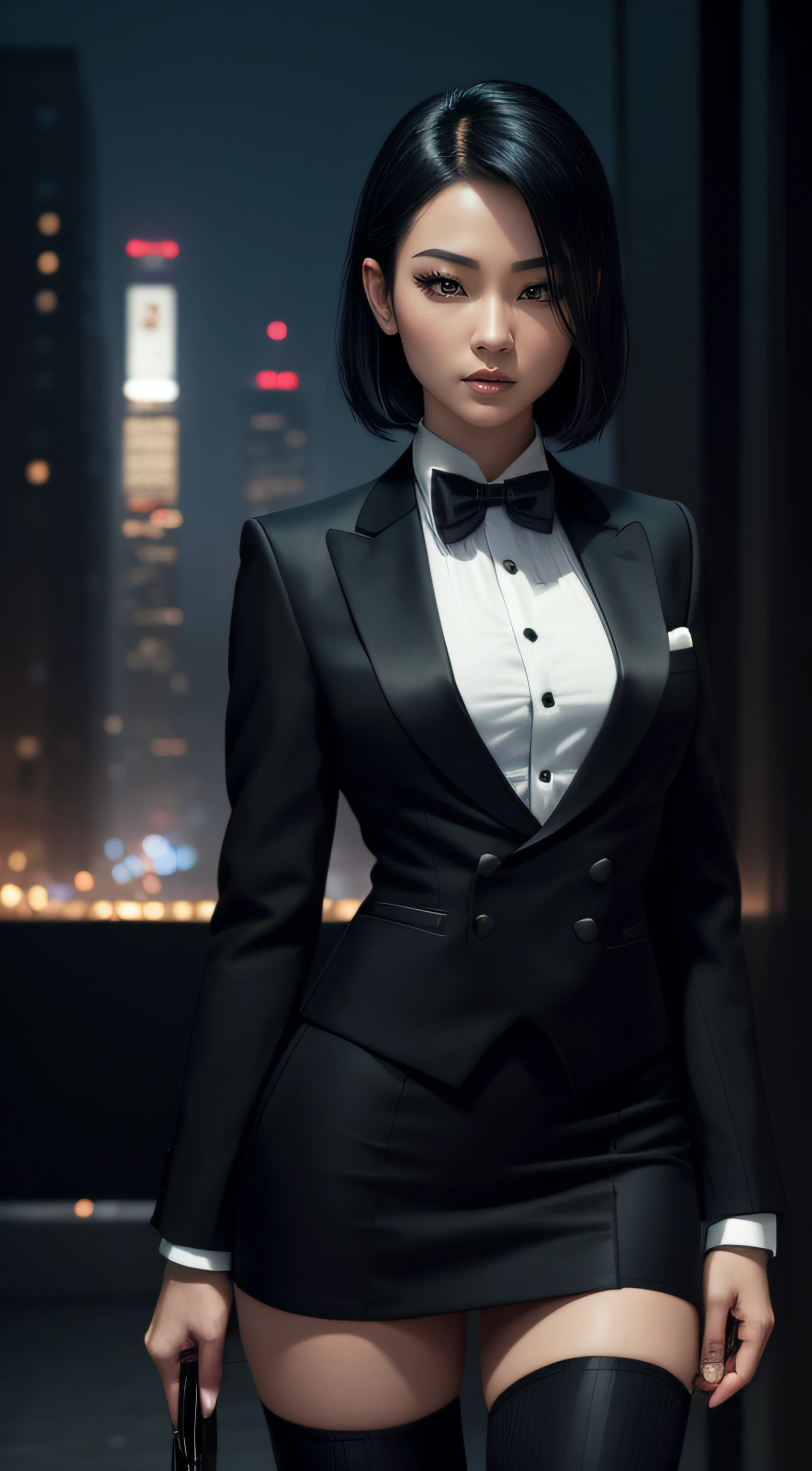(A beautiful 25 years old Asian Hitwoman), (wolfcut black hair), (pale skin), (serious face), (wearing black and white formal tuxedo), skirt suit, (((tuxedo))), (((dress shirt))), (((black bowtie))), blazer, (((suit jacket))), (((waistcoat))), double-breasted waistcoat, (((bodycon miniskirt))), pencil skirt, tights, pantyhose, white gloves, (city at night background), view from front, waist up shot, dynamic pose, ambient lighting, photo realism, intricate face detail, intricate hand details, highly detailed, vibrant colors, cinematic, high definition, trending on Artstation--style raw