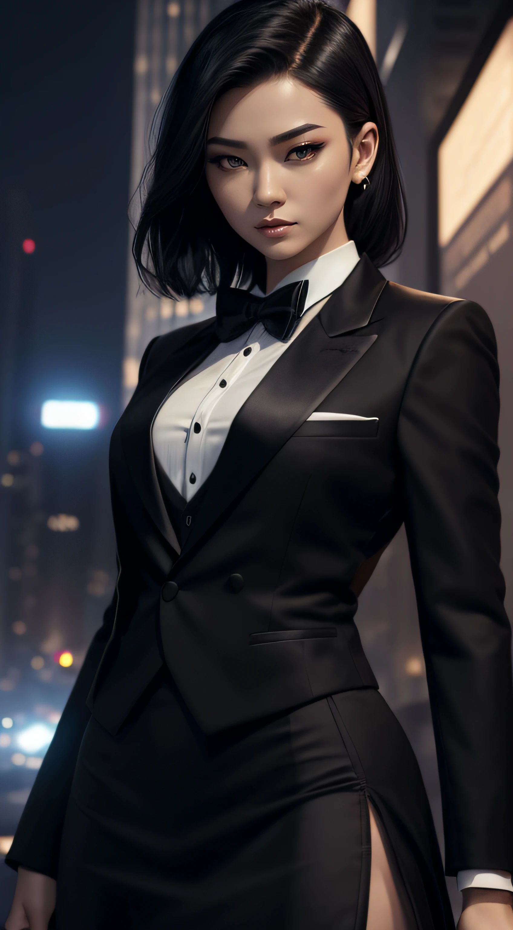 (A beautiful 25 years old Asian Hitwoman), (wolfcut black hair), (pale skin), (serious face), (wearing black and white formal tuxedo), skirt suit, (((tuxedo))), (((dress shirt))), (((black bowtie))), blazer, (((suit jacket))), (((waistcoat))), double-breasted waistcoat, (((bodycon miniskirt))), pencil skirt, tights, pantyhose, white gloves, (city at night background), view from front, waist up shot, dynamic pose, ambient lighting, photo realism, intricate face detail, intricate hand details, highly detailed, vibrant colors, cinematic, high definition, trending on Artstation--style raw