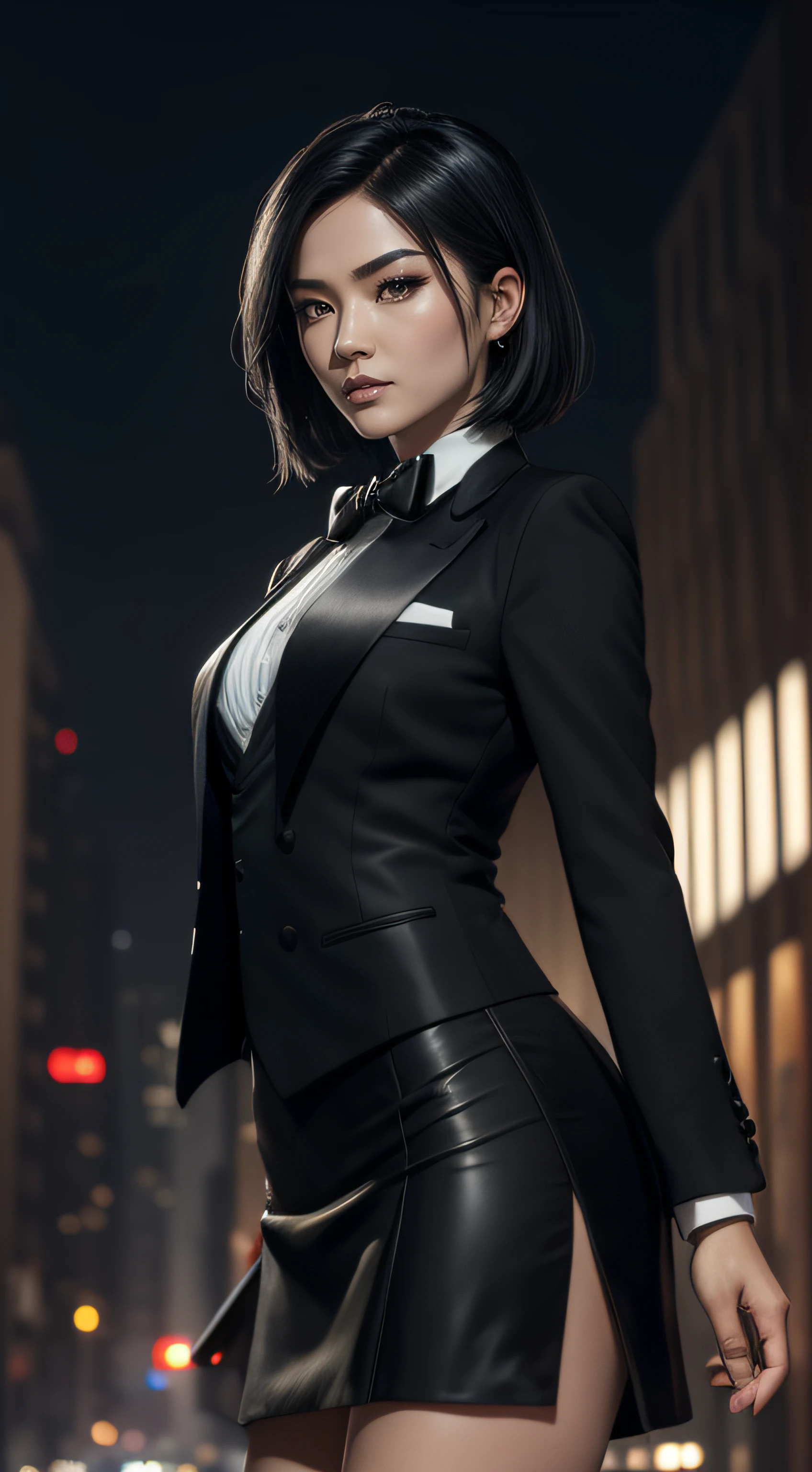 (A beautiful 25 years old Asian Hitwoman), (wolfcut black hair), (pale skin), (serious face), (wearing black and white formal tuxedo), skirt suit, (((tuxedo))), (((dress shirt))), (((black bowtie))), blazer, (((suit jacket))), (((waistcoat))), double-breasted waistcoat, (((bodycon miniskirt))), pencil skirt, tights, pantyhose, white gloves, (city at night background), view from front, waist up shot, dynamic pose, ambient lighting, photo realism, intricate face detail, intricate hand details, highly detailed, vibrant colors, cinematic, high definition, trending on Artstation--style raw