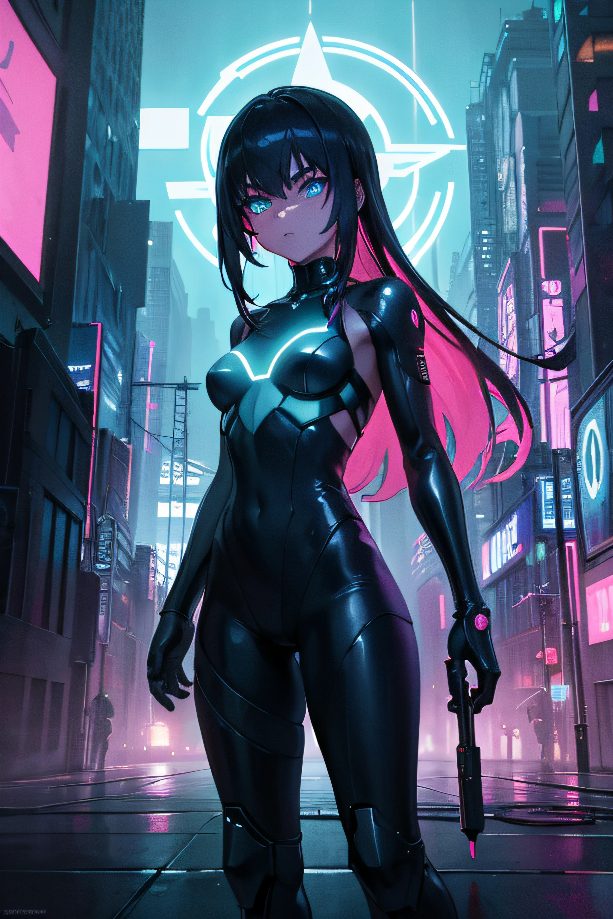 1girl standing on a neon-lit rooftop, surrounded by towering futuristic buildings and flying vehicles, with holographic billboards illuminating the night. The girl has cybernetic enhancements, including glowing blue eyes and metallic limbs. She is wearing a sleek black outfit with neon accents. The cityscape is bathed in a vibrant blue light, creating a surreal and futuristic atmosphere. The scene is highly detailed and realistic, with every small element meticulously rendered. The artwork has a cyberpunk aesthetic, with a mix of futuristic technology and gritty urban elements. The colors are vivid and vibrant, with a focus on neon tones and deep blues. The lighting is dramatic, casting long shadows and creating a sense of depth and atmosphere. The overall image quality is of the highest standard, with ultra-detailed textures and sharp focus. It is a masterpiece that captures the essence of the cyberpunk genre.