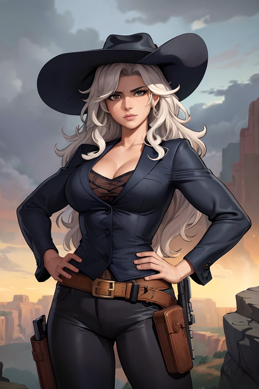 (masterpiece:1.2), (best quality:1.2), black cowgirl, 1girl, mature female, gunslinger,very curly hair, gun, cowboy hat, (detailed background, canyon, storm, dark clouds), looking at viewer, hands on hips