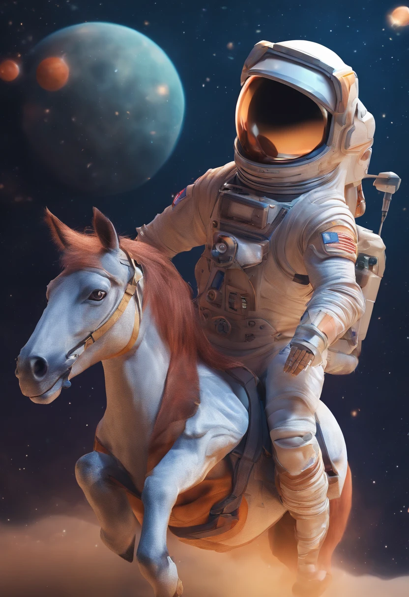 A man dressed in a horse costume riding a man dressed as an astronaut, in space