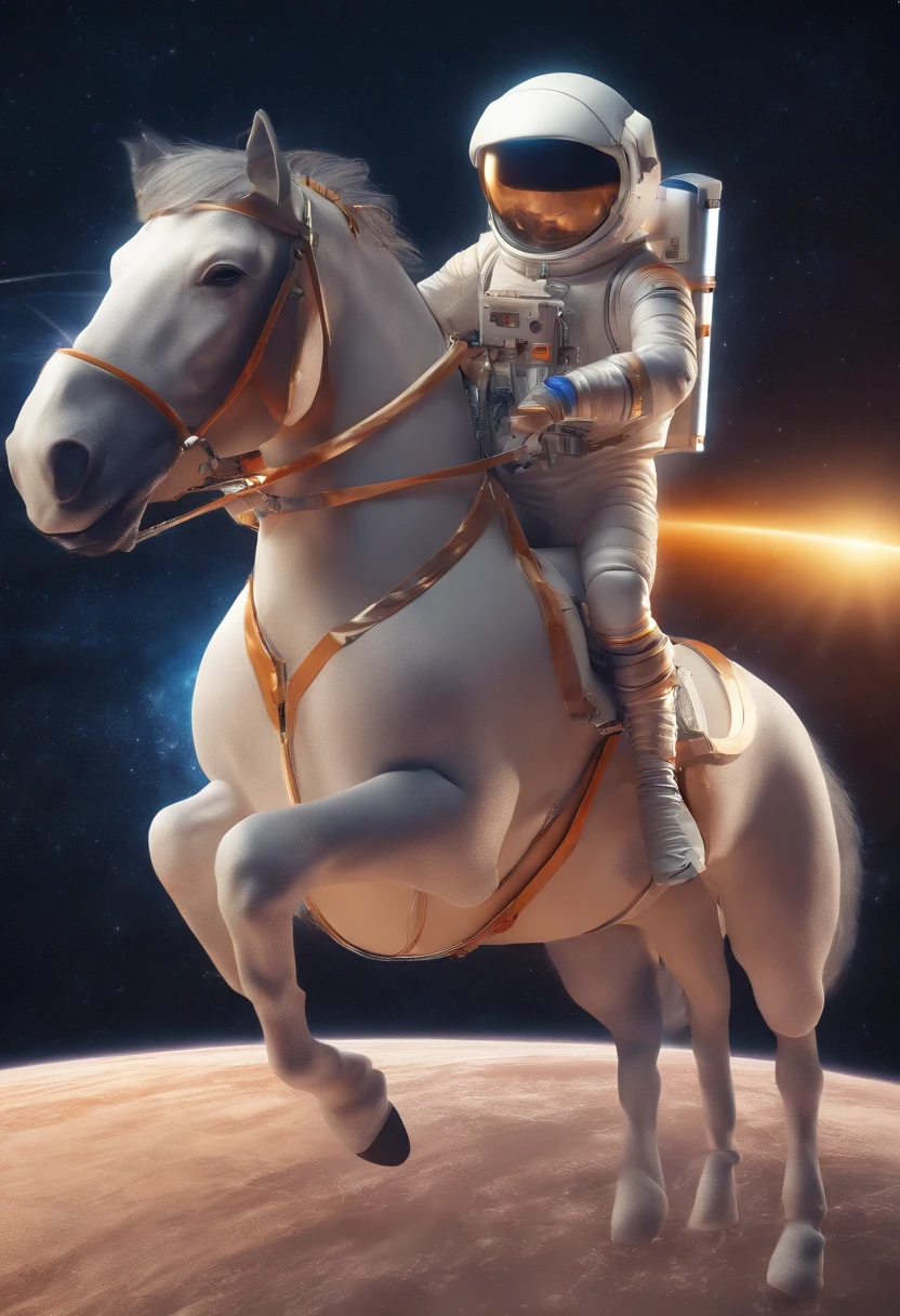 A man dressed in a horse costume riding a man dressed as an astronaut, in space