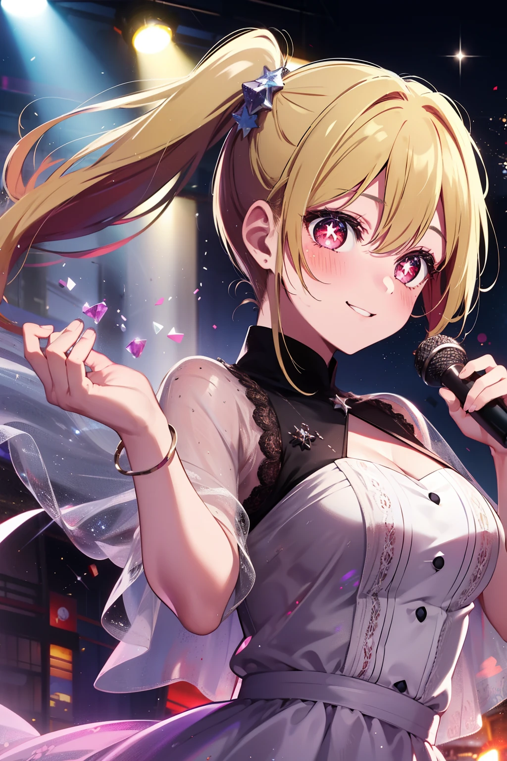 1girl, solo, Hoshino Ruby, symbol-shaped pupils, (left star-shaped pupils:1.2), sparkling eyes, (star in left eye:1.2), symbol in eye, red eyes, long hair, blonde hair, bangs, blush, (side ponytail:1.1), (dress:1.2), on the stage, idol, dancing, spotlight, smile, (masterpiece:1.2), highres, best quality, 8k, very clear,