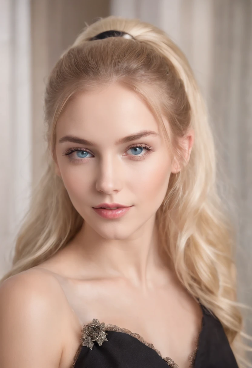 Young beautiful blonde with long hair, with blue eyes, On one side, the hair is gathered in a ponytail, on the other hand in a pigtail, looks straight, in full height, attractive facial features, looks like a living woman, Age 22 years, young girl, black dress, black tights, beautiful portrait image, full body picture, sat down in coffee shop