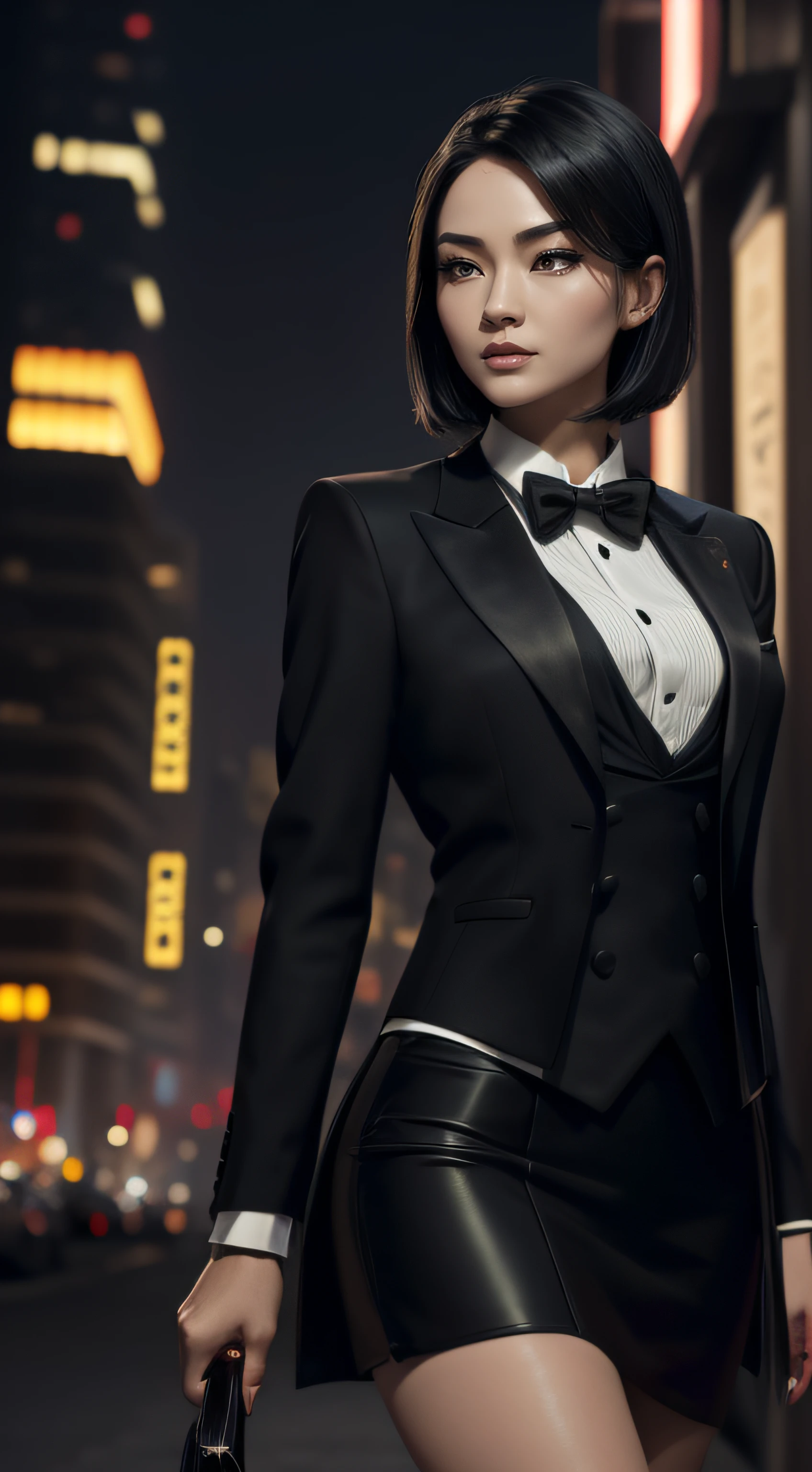 (A beautiful 25 years old Asian Hitwoman), (wolfcut black hair), (pale skin), (serious face), (wearing black and white formal tuxedo), skirt suit, (((tuxedo))), (((dress shirt))), (((black bowtie))), blazer, (((suit jacket))), (((waistcoat))), double-breasted waistcoat, (((bodycon miniskirt))), pencil skirt, tights, pantyhose, white gloves, (city at night background), view from front, waist up shot, dynamic pose, ambient lighting, photo realism, intricate face detail, intricate hand details, highly detailed, vibrant colors, cinematic, high definition, trending on Artstation--style raw, penis, cum