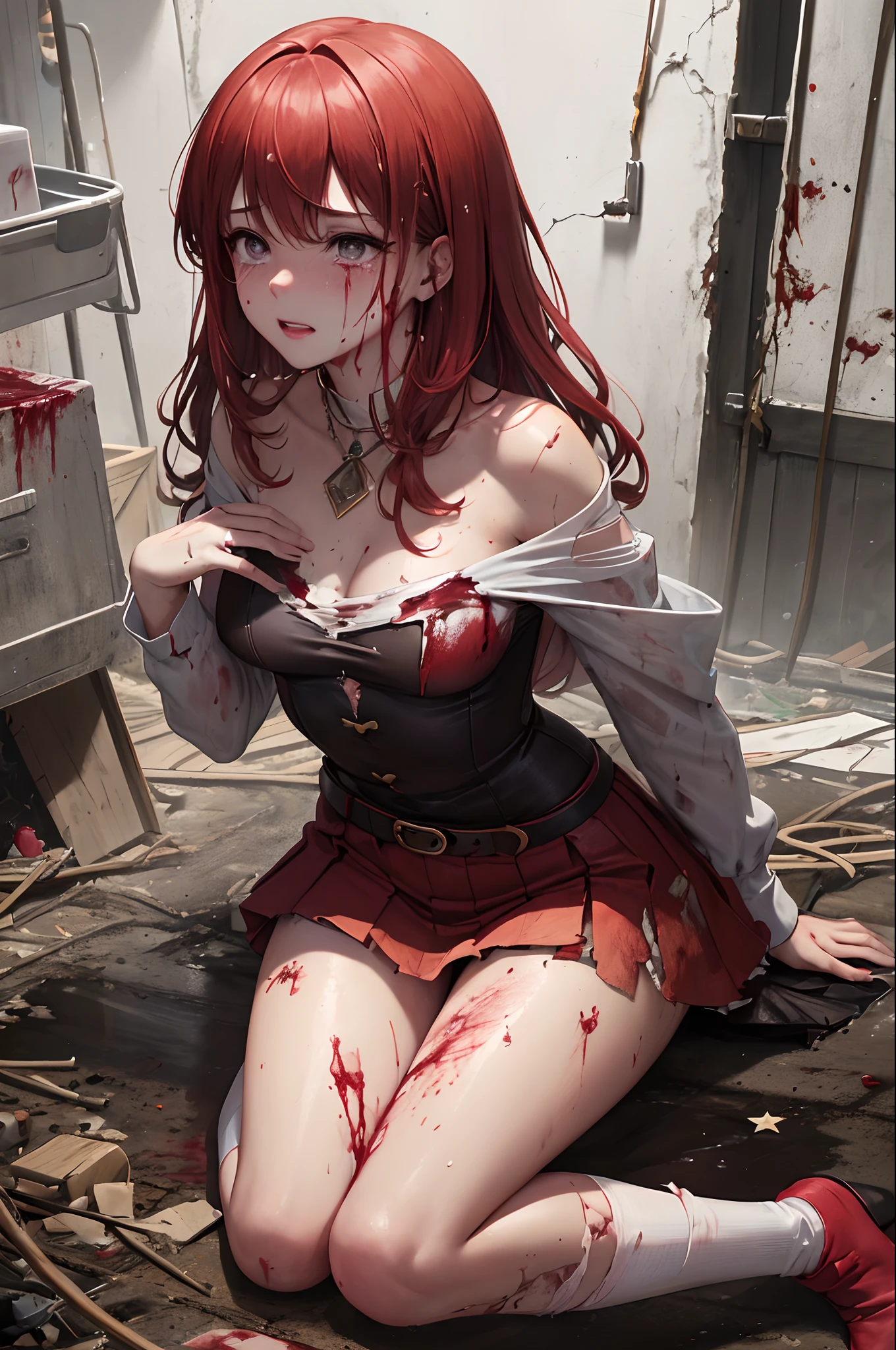 (Master masterpiece), (Raw photography、best qualtiy), 超A high resolution, Professional artwork, ultra-detailliert, Convoluted, 详细的脸, Perfect Lighting, (1 girl、Solo:1.2)、athena97、 Red shoes、(white sock:1.3)、Red pantyhose、 Purple eyes、Blonde hair、Long hair、Twin-tailed、White puffy sleeves、Red pleated skirt、Yellow belt、Lamb spherical necklace、Red fingerless gloves、Red Open Vest、 Star hair ornament、耳Nipple Ring、Medium Bullet、Half-sleeved、full bodyesbian、(perfect hand:1.5)、(Perfect_Anatomy:1.2)、Octane Render、(Crying、weak and tired eyes、Tears:1.2),(Bruises and blood stains on the face and body、blood flowing from head and face、injuries on body、Damage、Wounds and cuts、bleeding lips:1.3),(Torn clothing、Tattered clothes:1.5)、Blood stains on clothes、(Fighting Pose:1.2)、 (Inside an abandoned factory)、dishevled hair、Tired and weak face、(Perfect body、flawless、perfect thighs)、Wet body、Sweaty body、((Muddy feet、Muddy skin、bloody skin:1.3))、(Film Lighting)、Soft lighting、Complex and cinematic appearance、cinematlic lighting、Dynamic angles、Halloween、horor、Halloween、the witch、dark