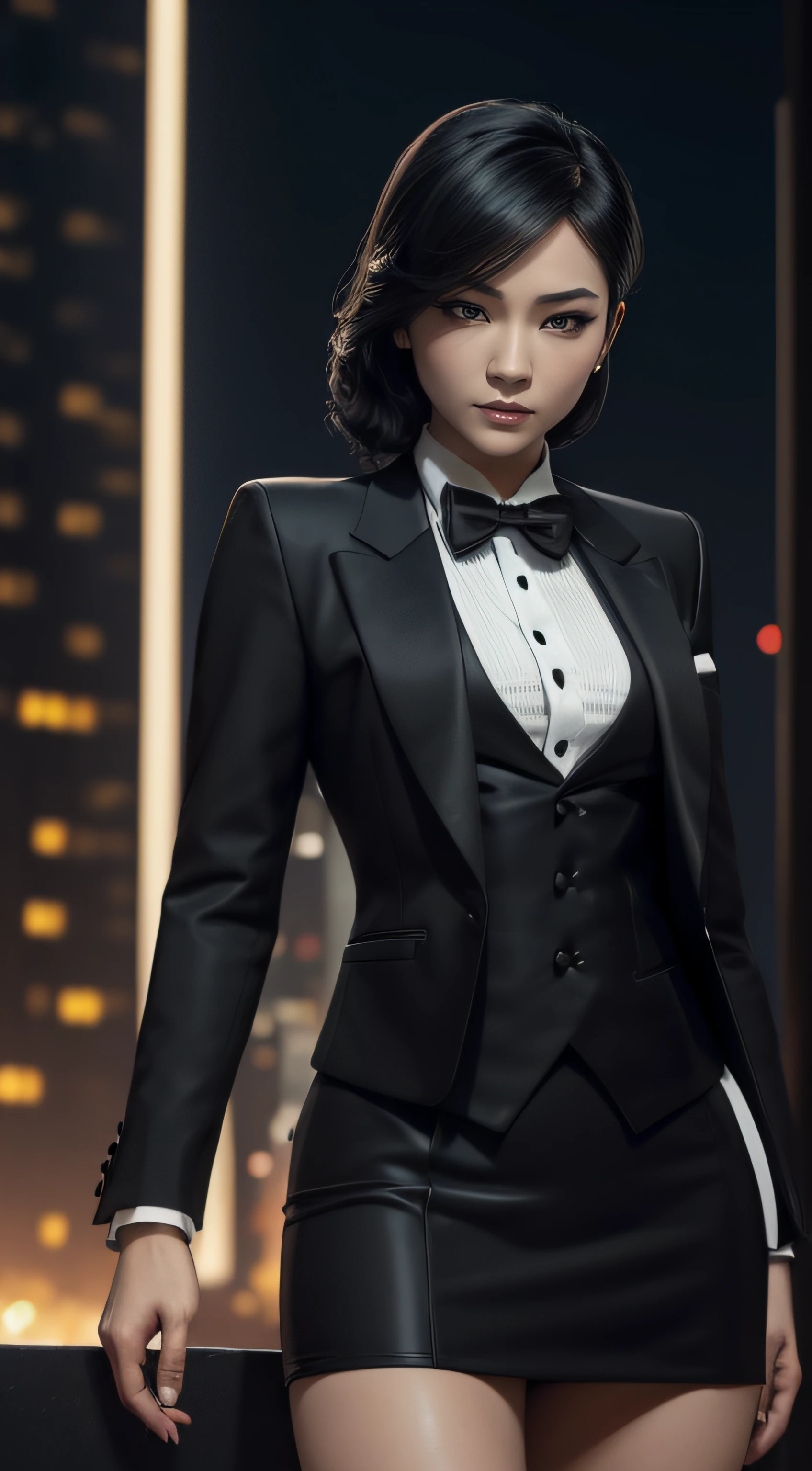 (A beautiful 25 years old Asian Hitwoman), (wolfcut black hair), (pale skin), (serious face), (wearing black and white formal tuxedo), skirt suit, (((tuxedo))), (((dress shirt))), (((black bowtie))), blazer, (((suit jacket))), (((waistcoat))), double-breasted waistcoat, (((bodycon miniskirt))), pencil skirt, tights, pantyhose, white gloves, (city at night background), view from front, waist up shot, dynamic pose, ambient lighting, photo realism, intricate face detail, intricate hand details, highly detailed, vibrant colors, cinematic, high definition, trending on Artstation--style raw, penis, cum