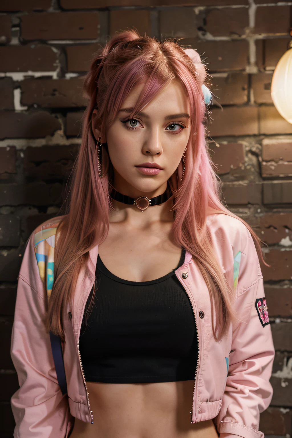 (masterpiece, best quality, 1girl, solo, intricate details, chromatic aberration), realistic, ((huge breath)),long hair, pink hair, red head ornament, pink highlights, hair over one eye,purple eyes, earrings, sharp eyes, choker, neon shirt, open jacket, crop top, (symmetry eyes),(perfect symmetrical body),against wall, brick wall, graffiti, dim lighting, alley ,look at viewer