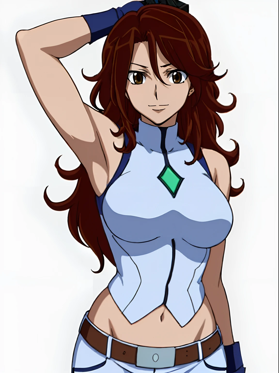 ((solo)), Best Quality, hires, curvy midsection, strong woman, female wrestler, smile, happy), upper body only, anime style: 1.8, anime drawing, ultra detailed face, ultra detailed body, 4k, Sumergai Lee Noriega, (standing), best quality, anime style, hires, highest definition, digital blending, bold drawing lines, (((White Background))), ( pro female wrestler, long attractive belly, slim body, (strong arm muscles), broad shoulders , off-shoulders, closed fists, (very curvy: 2.8)), (strapless, shorts, white gloves, arm band, arm band, (champion belt))), (big breasts, closed mouth), (big eyes, brown eyes, shiny eyes), (reddish hair, loose hair, curly hair, wavy hair, long hair, missy hair), 27 years old