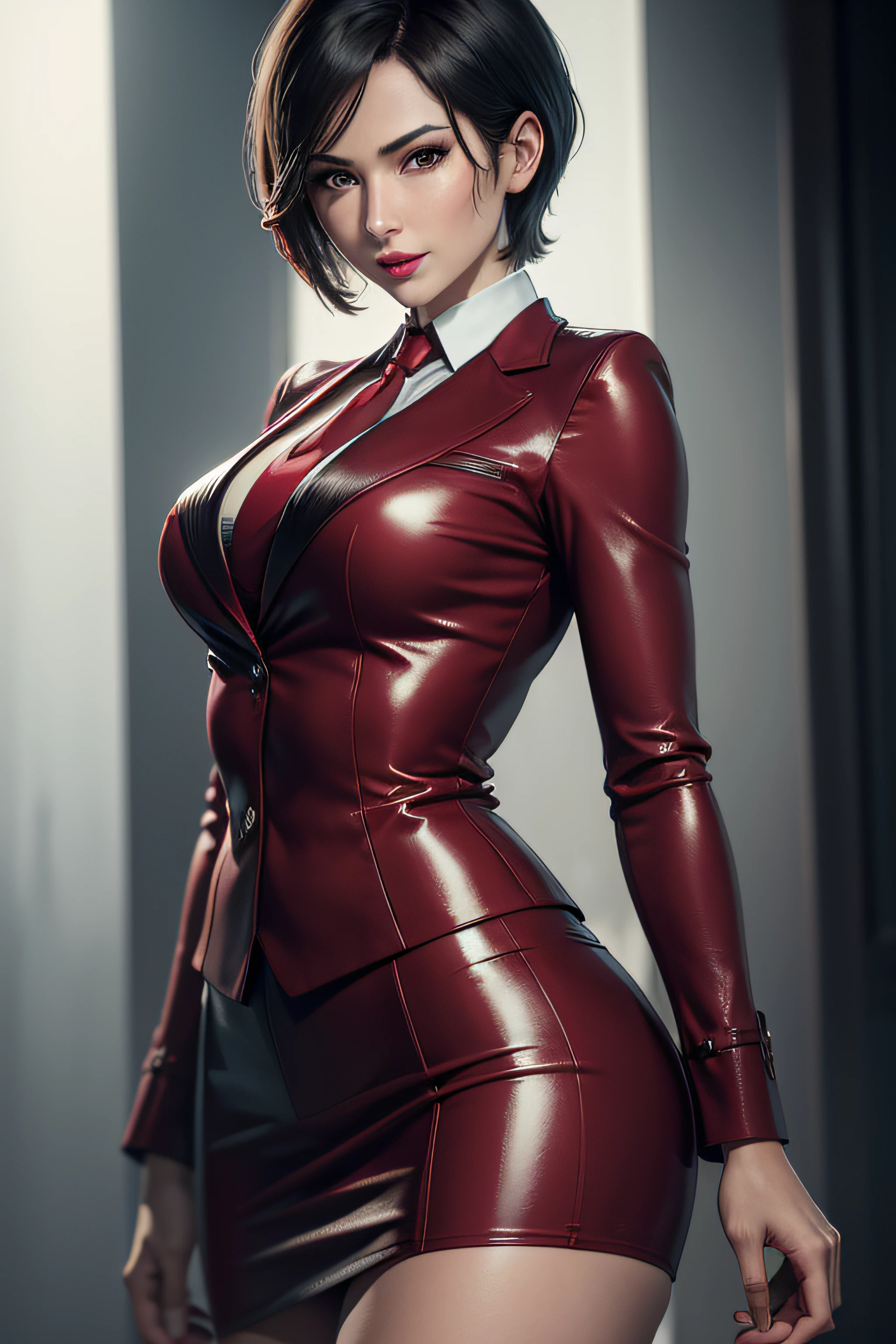 (absurdres, highres, ultra detailed), masterpiece, ada wong (resident evil), ((solo)), short hair, 1girl, skirt suit, business suit, three-piece suit, black pinstripe suit, waistcoat, red shirt, red necktie, bodycon skirt, miniskirt, closed mouth, standing, (((detailed lips))), ((realistic skin)), glowing skin, ((glossy red lips)), portrait, beautiful, smile, normal skin