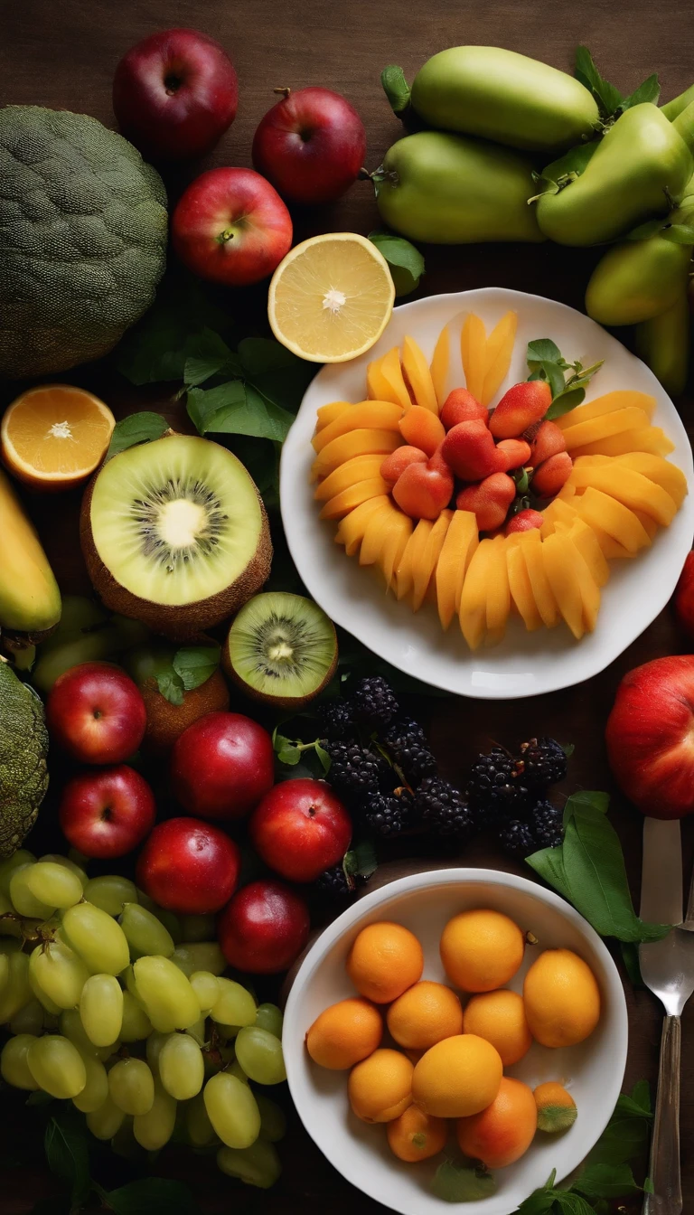 UMA IMAGEM DE UMA MESA BEM ARRUMADA COM UMA BANDEIJA CHEIA DE VEGETAIS E FRUTAS FRESCOS BRILHANTES E APETITOSOS, OF VARIOUS COLORS