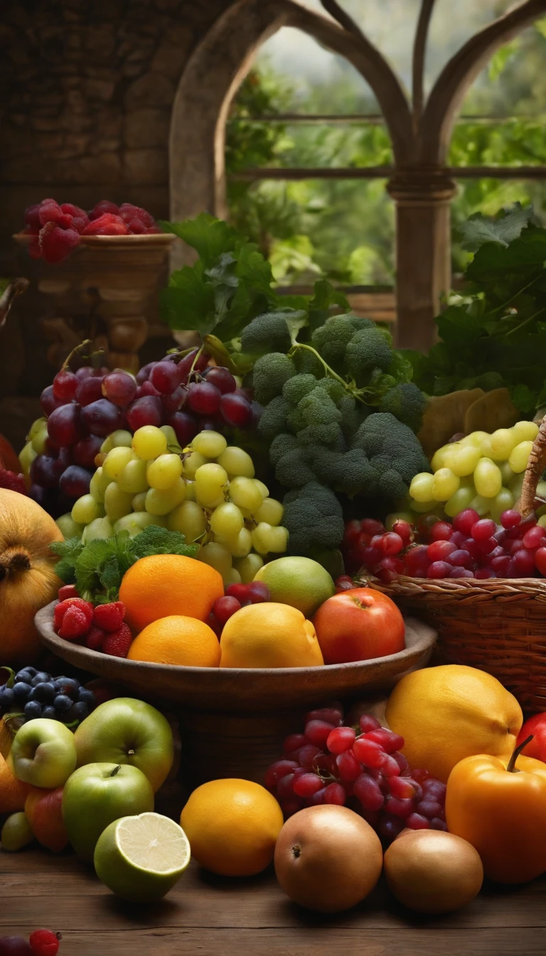 UMA IMAGEM DE UMA MESA BEM ARRUMADA COM UMA BANDEIJA CHEIA DE VEGETAIS E FRUTAS FRESCOS BRILHANTES E APETITOSOS, OF VARIOUS COLORS