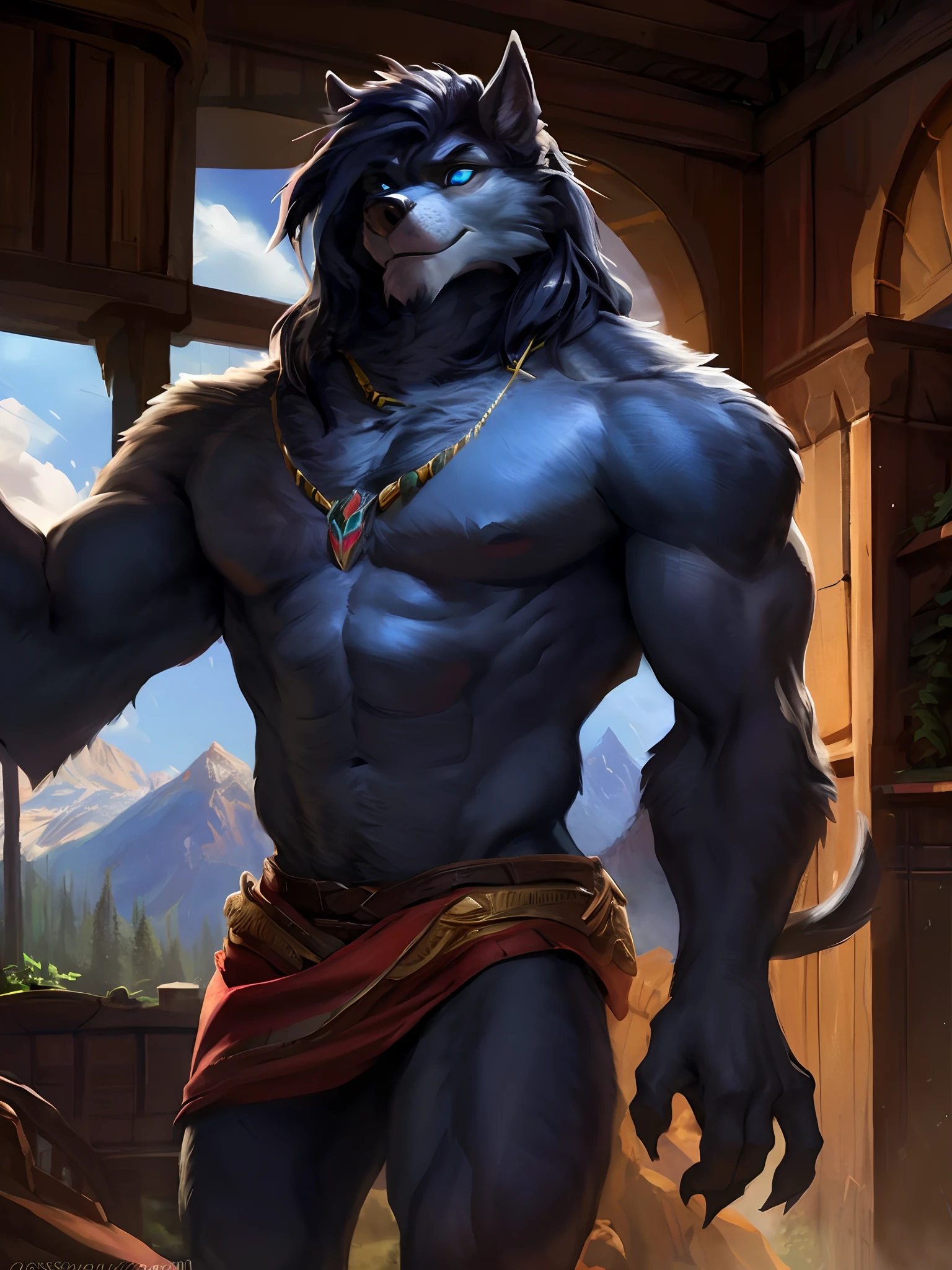 Riot Games, Blizzard Entertainment, best quality, intricate details, a beautiful and detailed full size portrait of a brawny male anthro wolf, reaches up, Heracles, Apollo, Zeus, kenket, Bonifasko, Chunie, Boris Vallejo, Ross Tran,ruan jia, trending on artstation,foxovh, cenematic lighting, tribal accessories, very muscular, gigantic biceps, perfect abs, large shoulders, serious look, obsidian fur, dark azure mane
Magic forest, runes, sparkles, enchanted, mountains, clouds, distant river, sapphire eyes